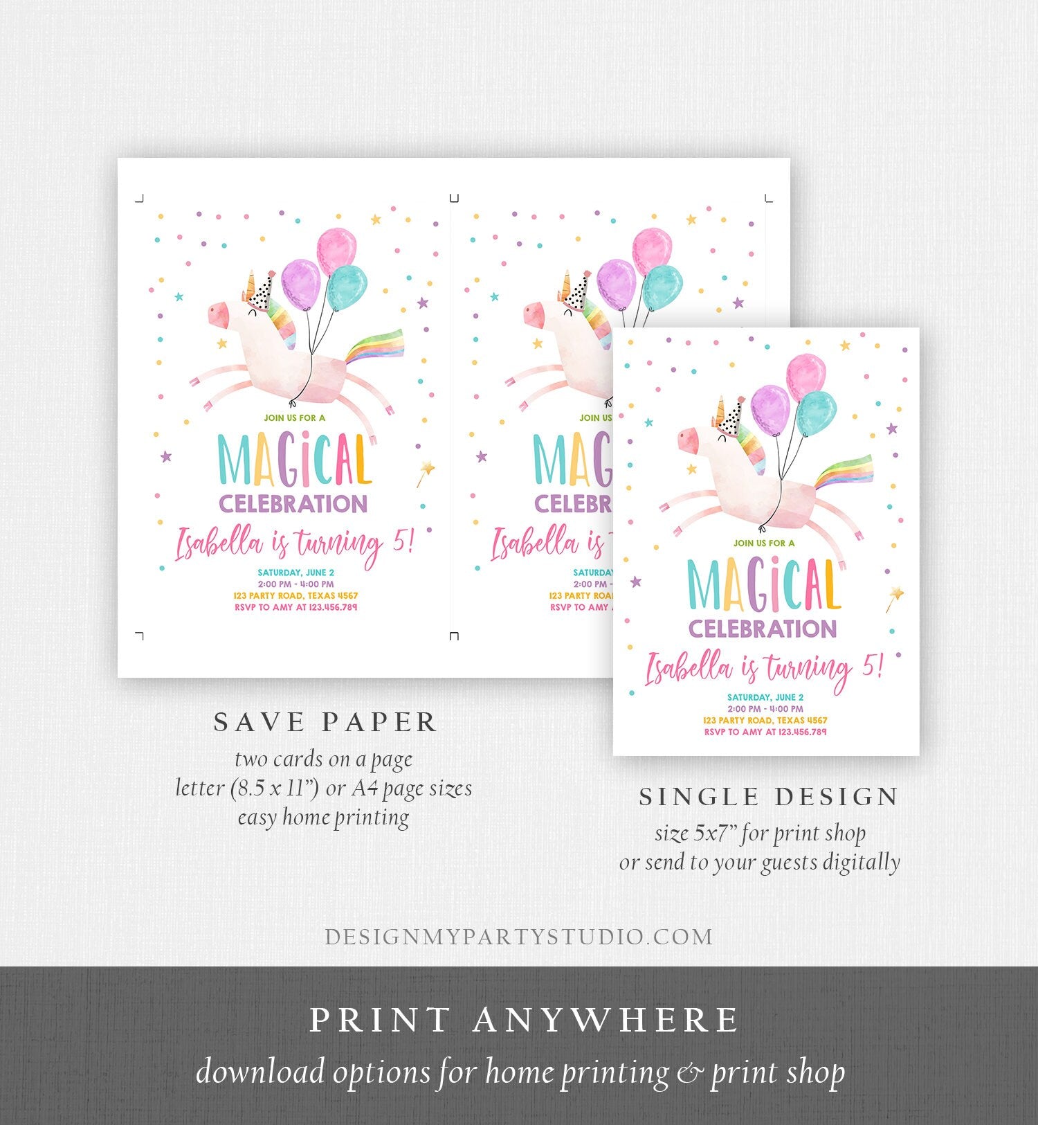 Editable Unicorn Birthday Invitation Magical Party Invite Girl Pink First Birthday Digital Invite Template Reainbow Download Corjl 0336