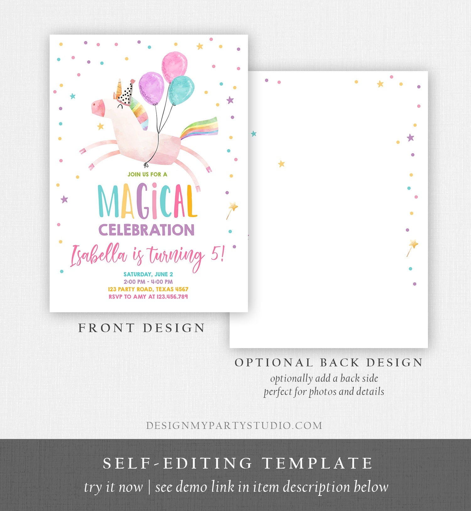 Editable Unicorn Birthday Invitation Magical Party Invite Girl Pink First Birthday Digital Invite Template Reainbow Download Corjl 0336