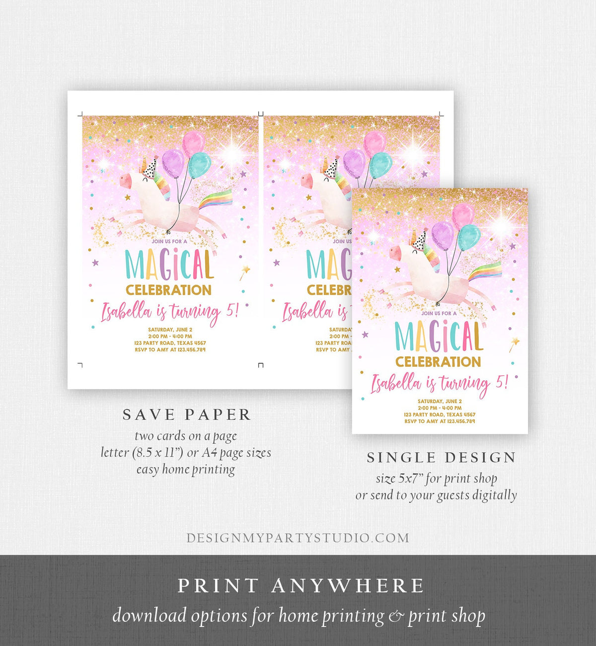 Editable Unicorn Birthday Invitation Magical Party Invite Girl Pink Gold Birthday Digital Invite Template Rainbow Download Evite 0336