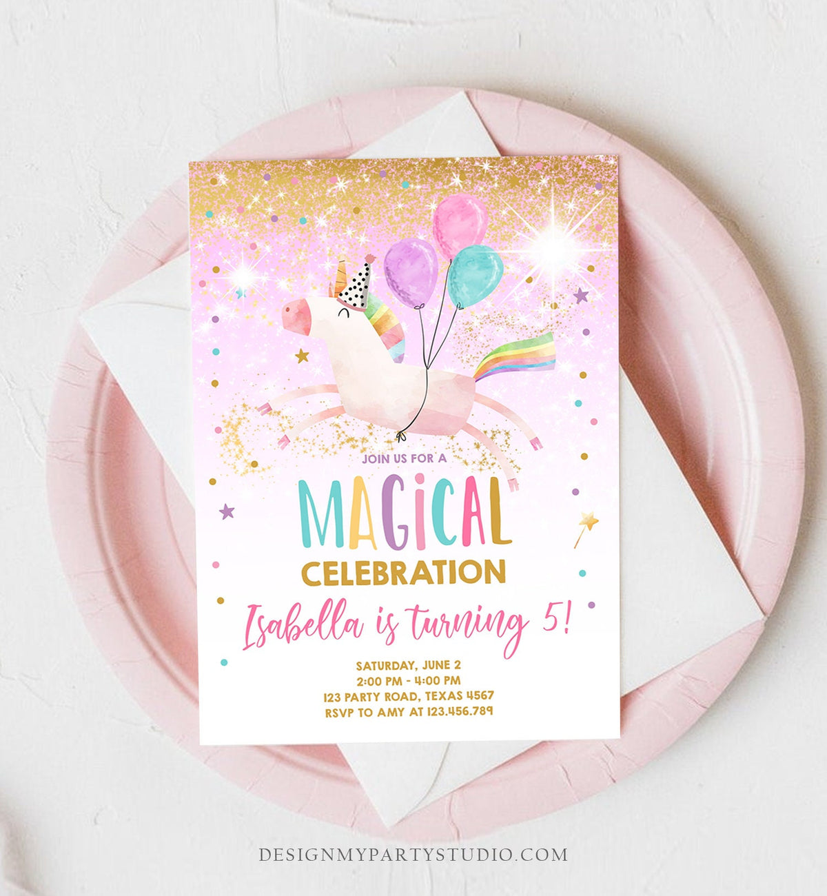 Editable Unicorn Birthday Invitation Magical Party Invite Girl Pink Gold Birthday Digital Invite Template Rainbow Download Evite 0336