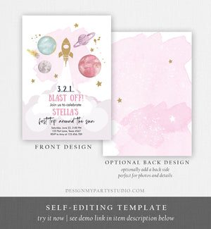 Editable Outer Space Girl First Birthday Invitation Galaxy Blast Off First Trip Space Rocket Pink Download Printable Template Corjl 0357