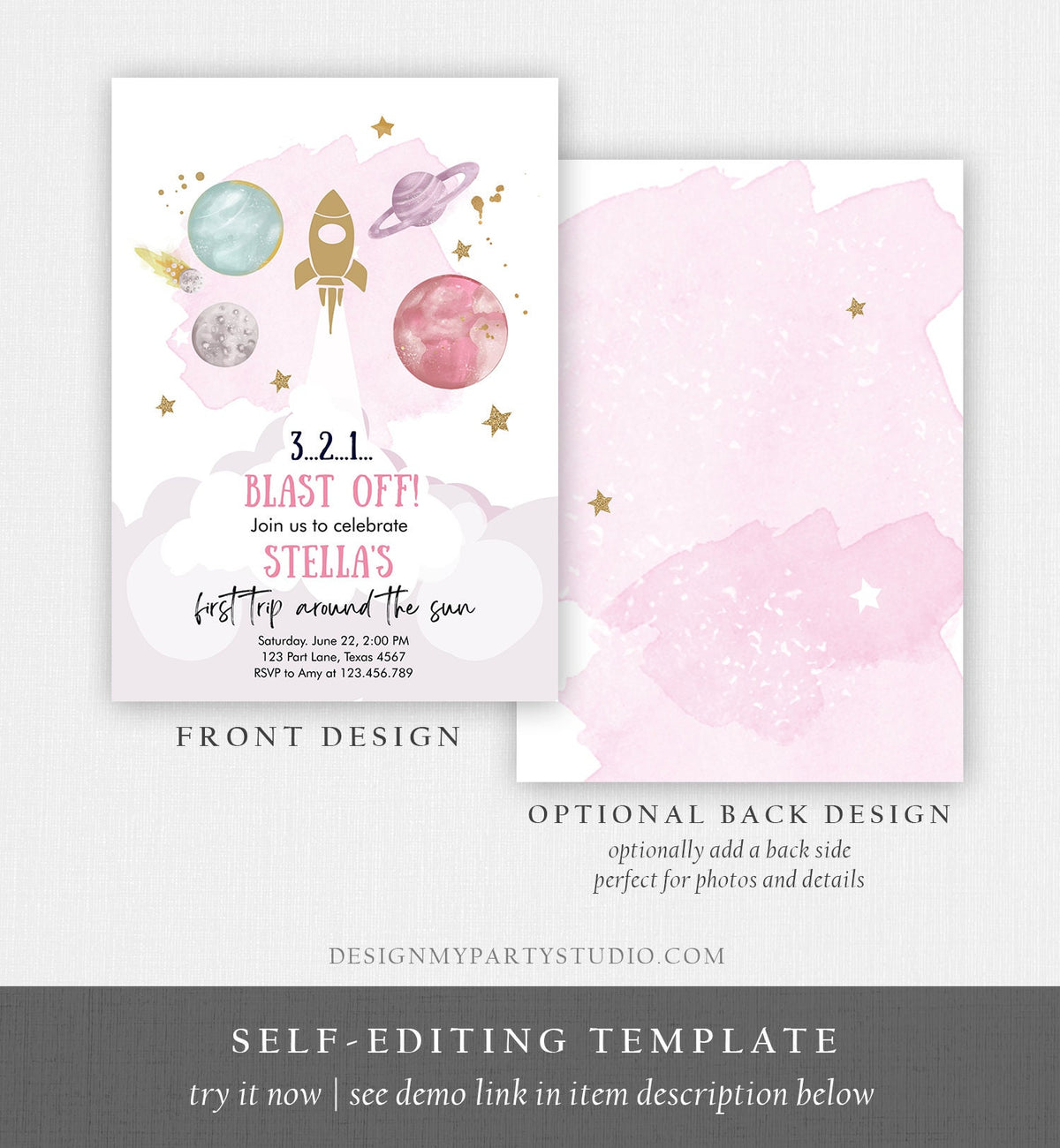 Editable Outer Space Girl First Birthday Invitation Galaxy Blast Off First Trip Space Rocket Pink Digital Download Template Printable 0357