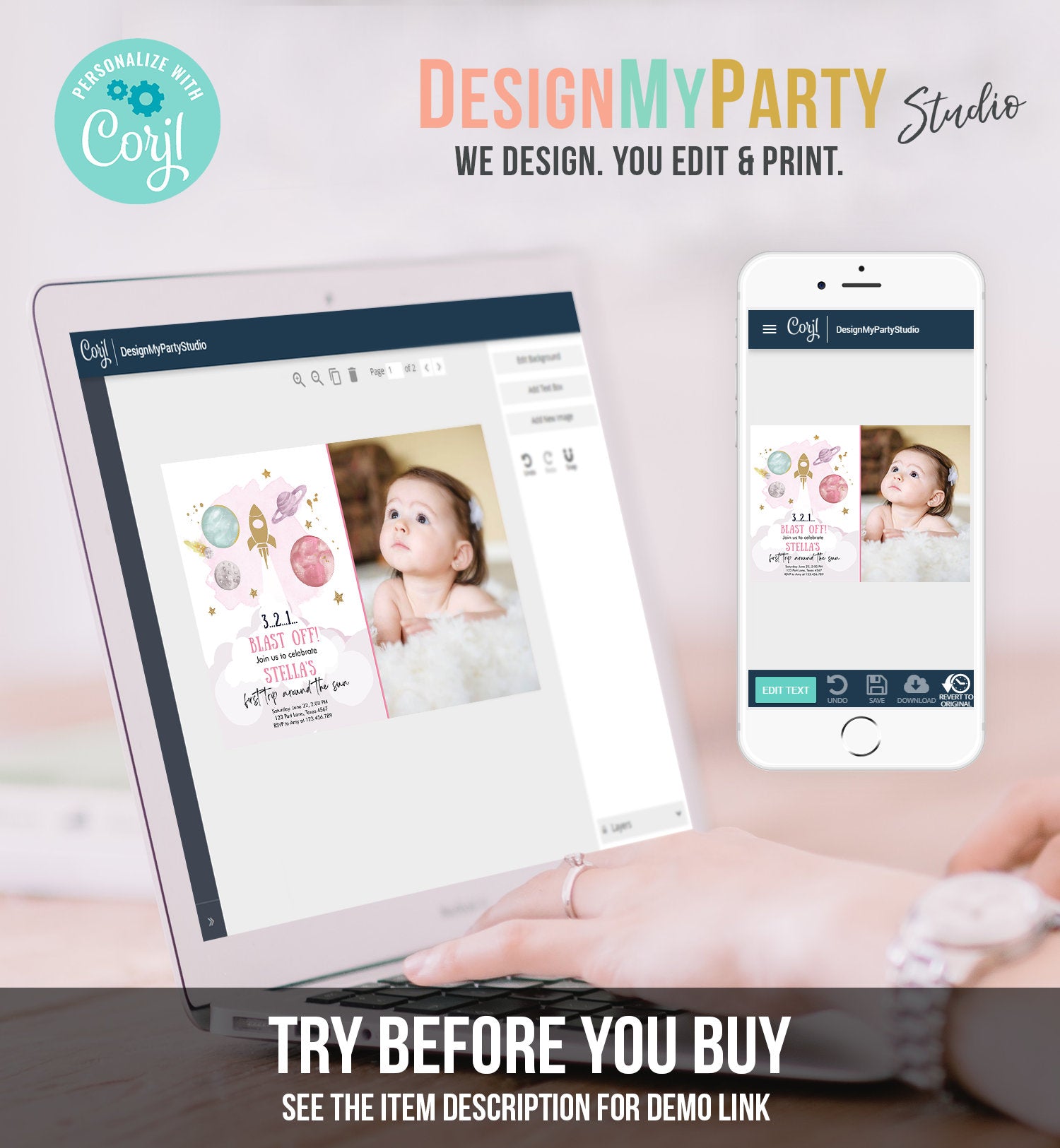 Editable Outer Space Girl First Birthday Invitation Galaxy Blast Off First Trip Space Rocket Pink Download Evite Template Printable 0357