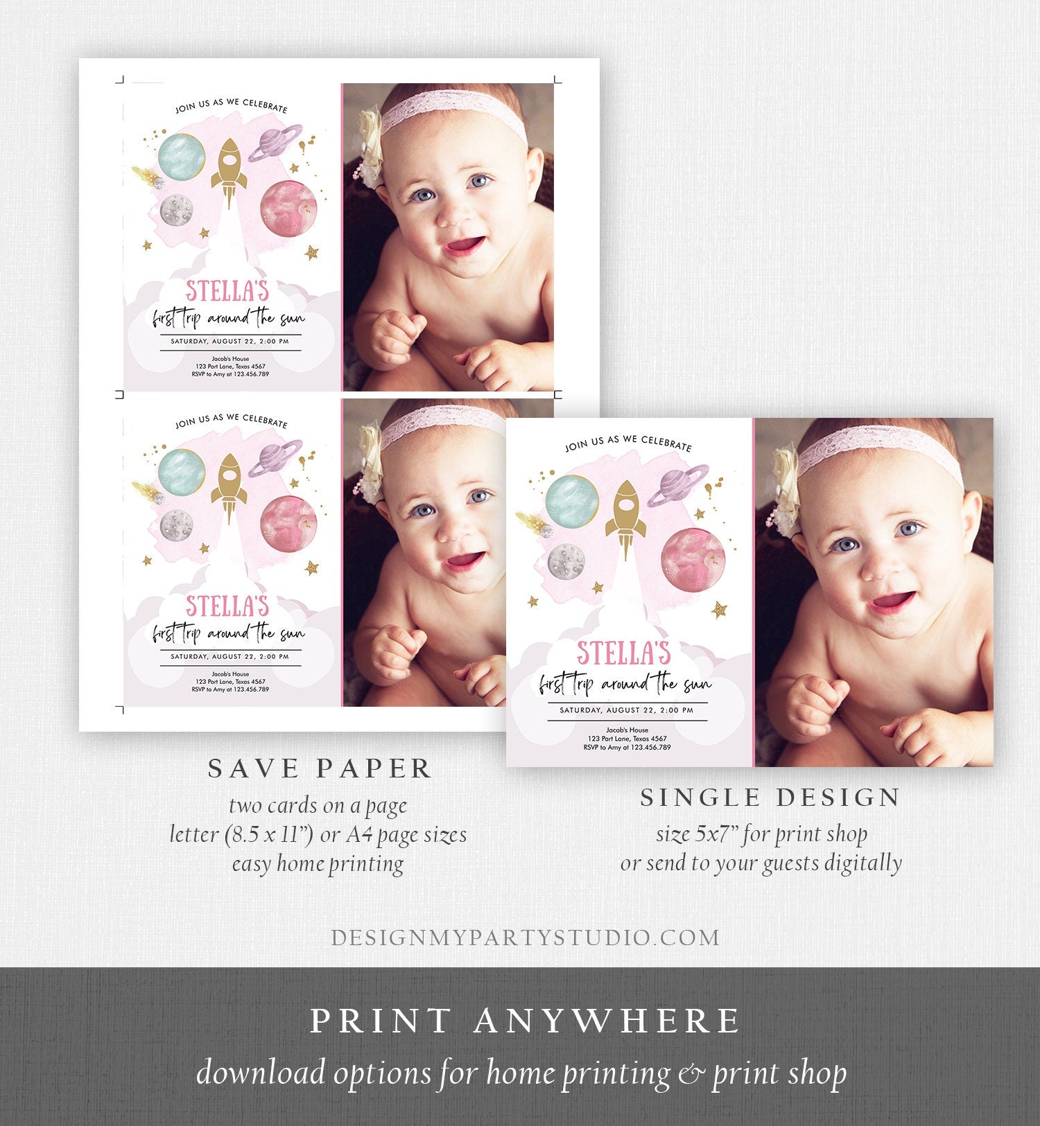 Editable First Trip Around the Sun Birthday Invitation Outer Space Girl Galaxy Blast Off Pink Digital Download Evite Template Printable 0357