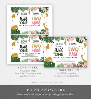 Editable Wild One Two Wild Birthday Invitation Safari Animals Boy Girl First Second Birthday Gold Joint Dual Corjl Template Printable 0016