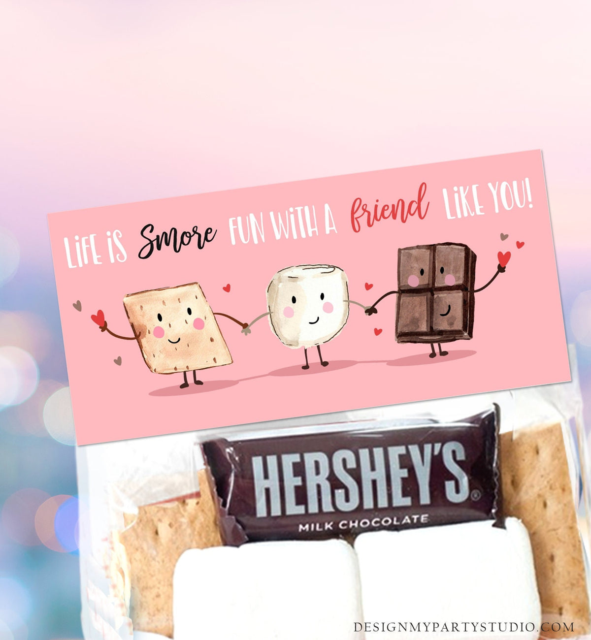 Editable Valentine Treat Bag Toppers Smores Valentine Cards For Kids Valentines Smore Treat Tags Download Printable Corjl Template 0370