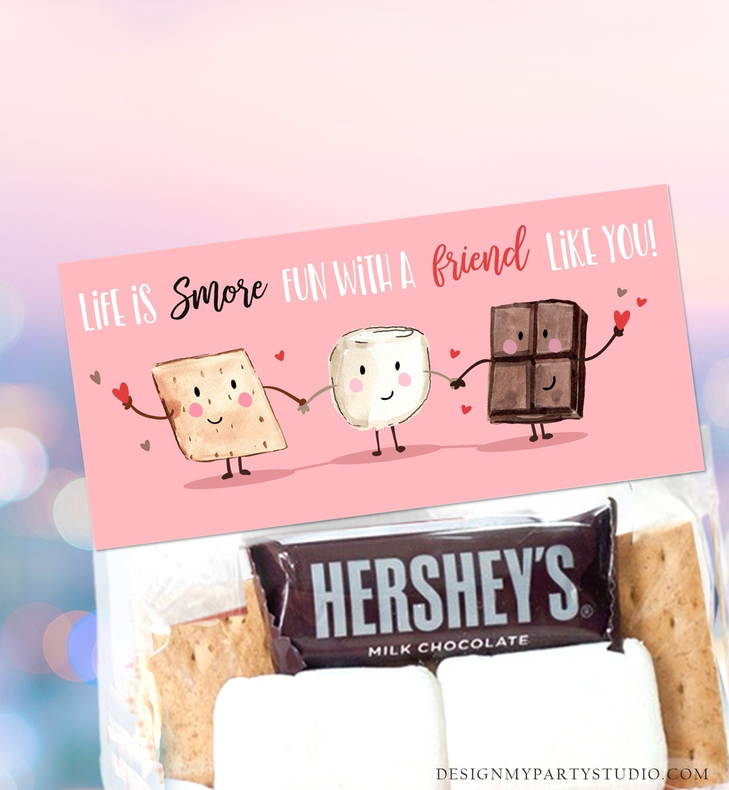Editable Valentine Treat Bag Toppers Smores Valentine Cards For Kids Valentines Smore Treat Tags Download Printable Corjl Template 0370