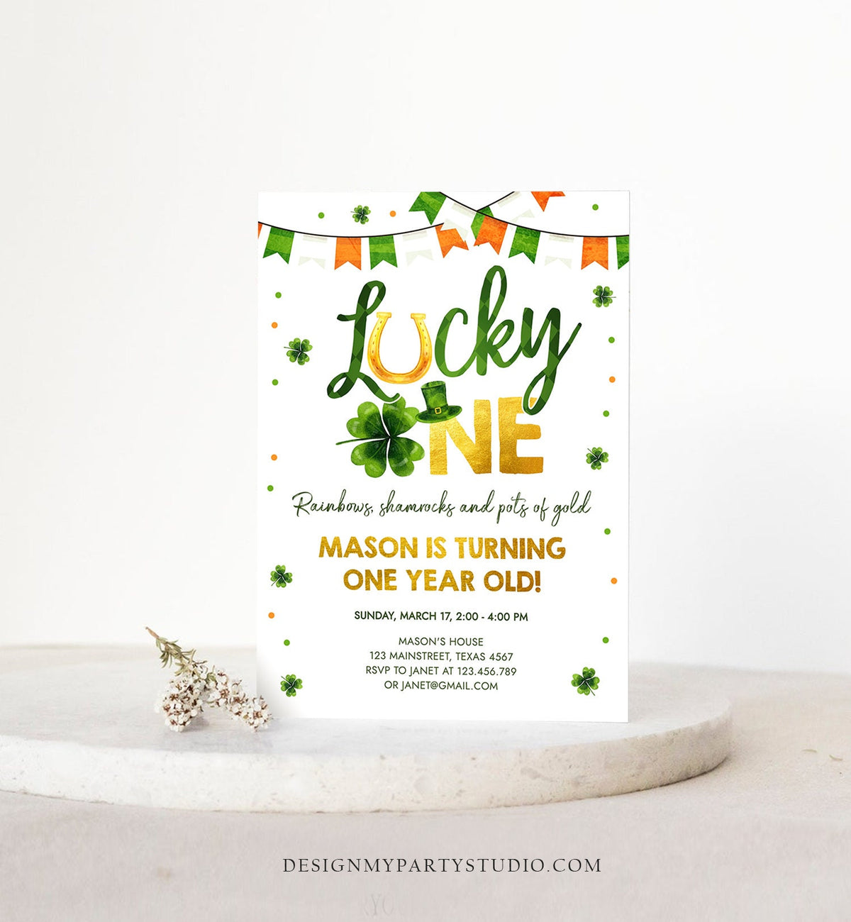 Editable Lucky One Birthday Invitation St. Patrick&#39;s Day First Birthday 1st Boy Shamrock Clover Download Corjl Template Printable 0379