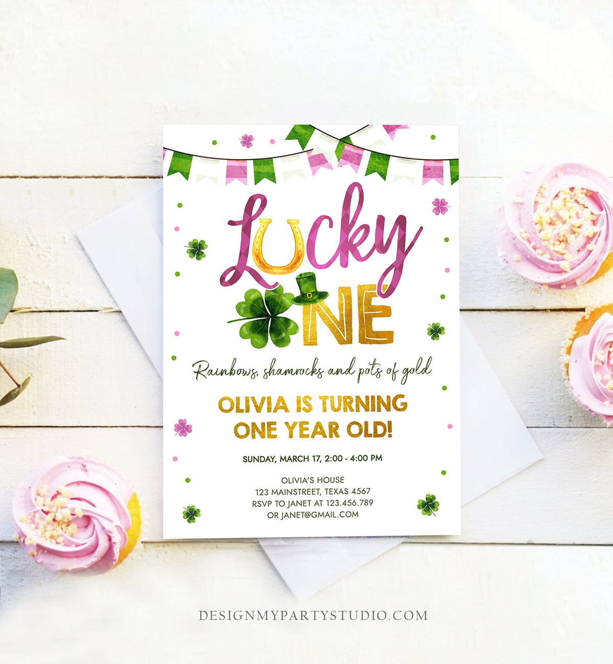 Editable Lucky One Birthday Invitation St. Patrick&#39;s Day First Birthday 1st Girl Pink Shamrock Clover Download Corjl Template Printable 0379