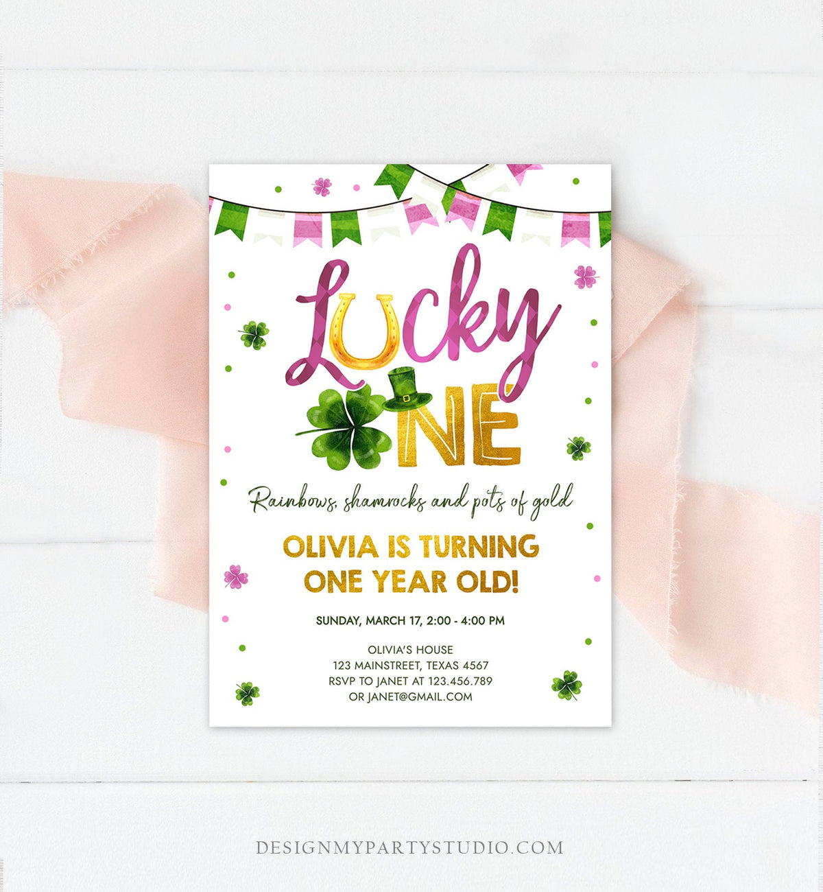 Editable Lucky One Birthday Invitation St. Patrick&#39;s Day First Birthday 1st Girl Pink Shamrock Clover Download Corjl Template Printable 0379