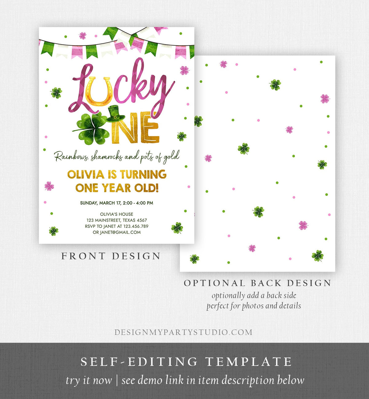 Editable Lucky One Birthday Invitation St. Patrick&#39;s Day First Birthday 1st Girl Pink Shamrock Clover Download Corjl Template Printable 0379