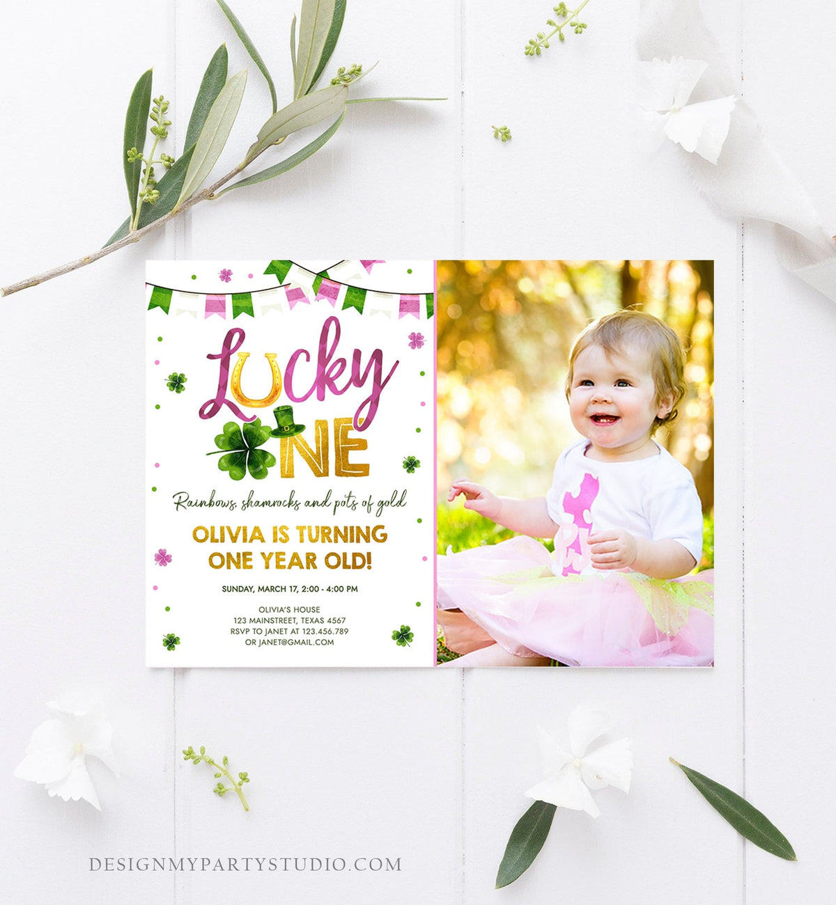 Editable Lucky One Birthday Invitation St. Patrick&#39;s Day First Birthday 1st Girl Pink Shamrock Clover Download Corjl Template Printable 0379