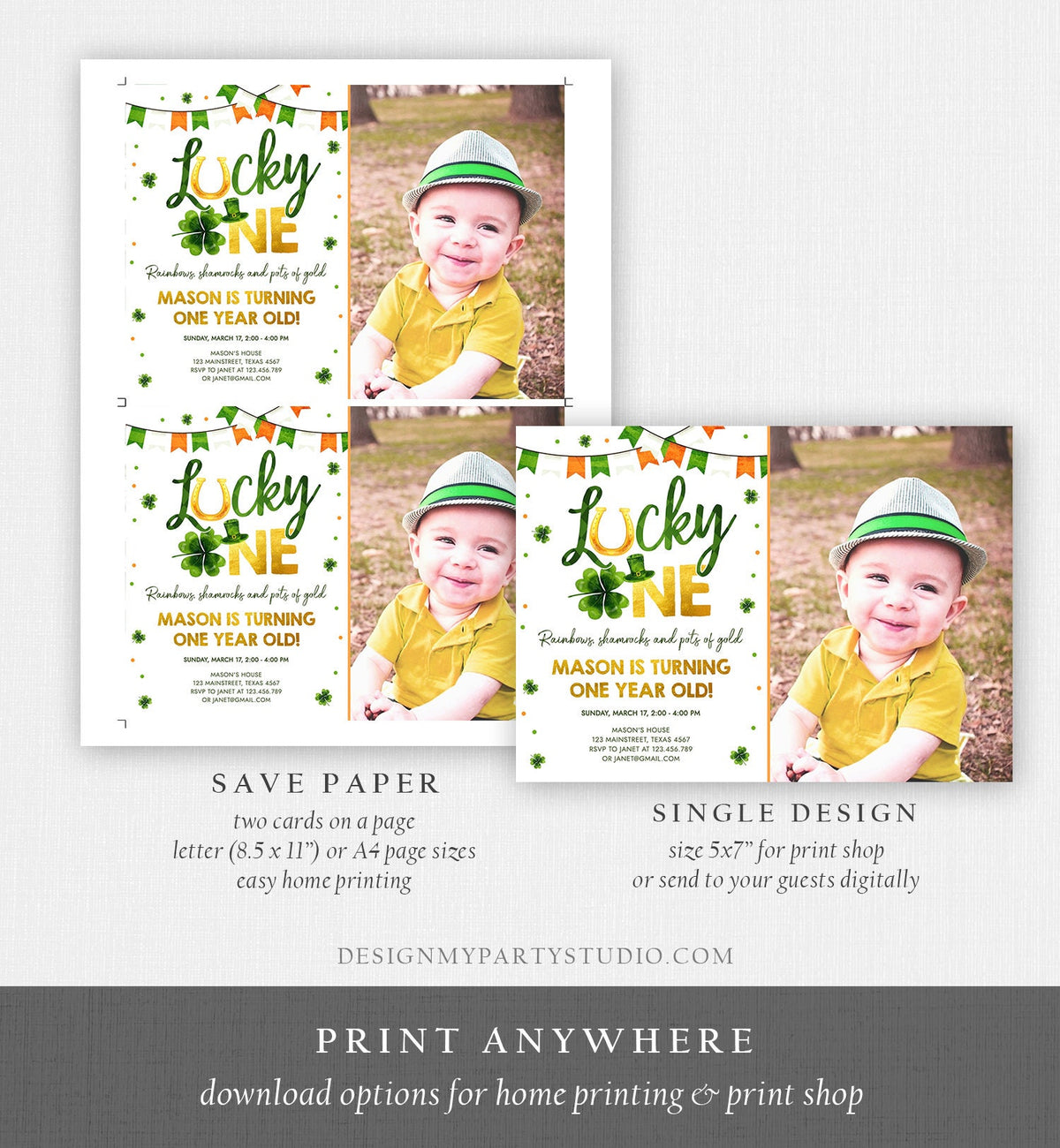 Editable Lucky One Birthday Invitation St. Patrick&#39;s Day First Birthday 1st Boy Shamrock Clover Download Corjl Template Printable 0379