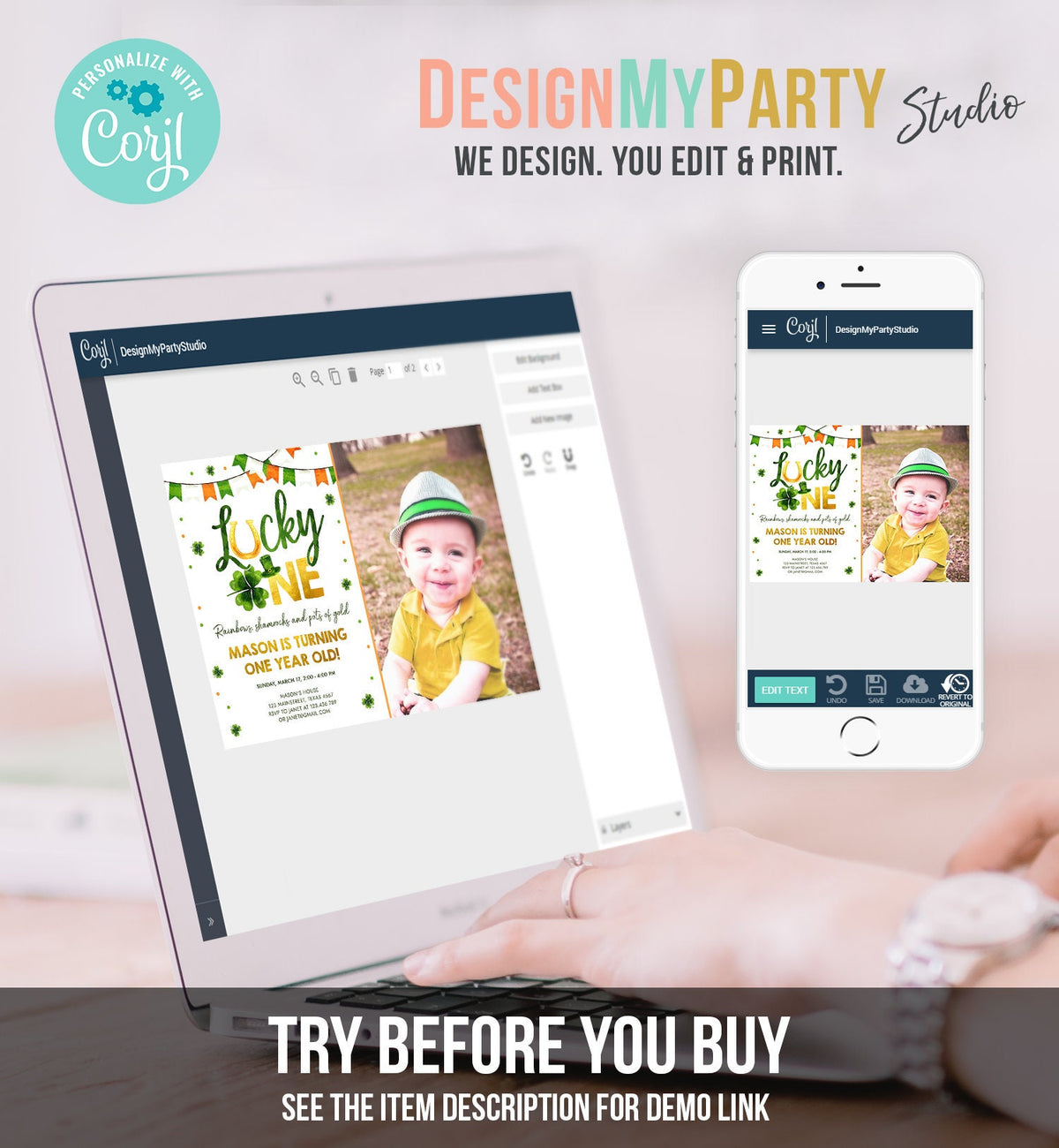 Editable Lucky One Birthday Invitation St. Patrick&#39;s Day First Birthday 1st Boy Shamrock Clover Download Corjl Template Printable 0379