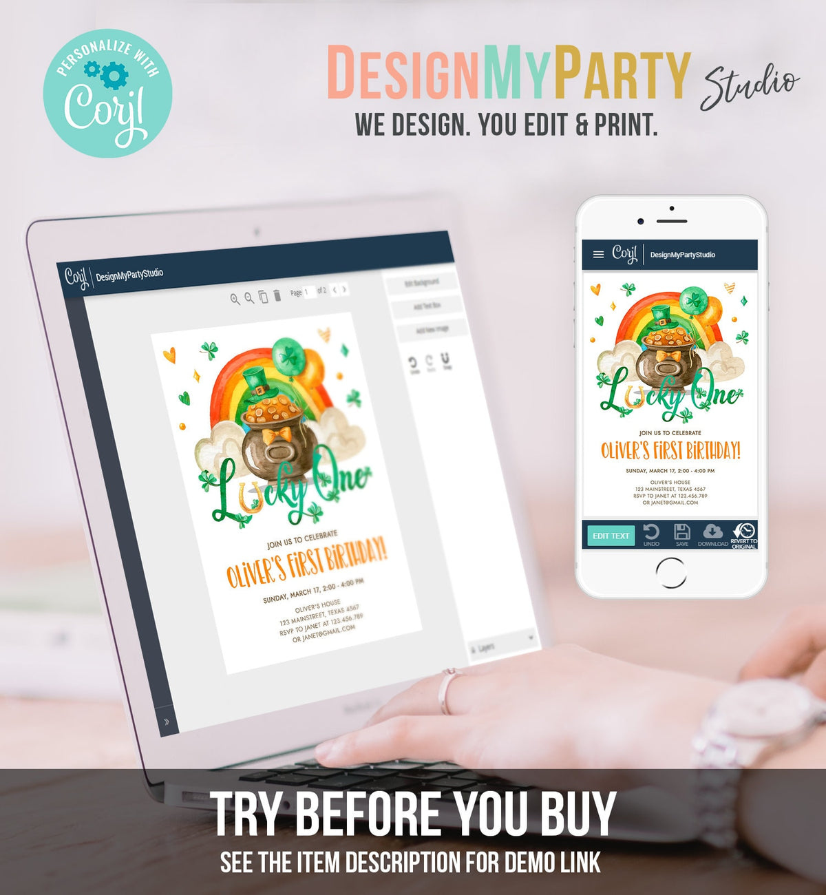 Editable Lucky One Birthday Invitation St. Patrick's Day First Birthday 1st Boy Shamrock Clover Download Corjl Template Printable 0380