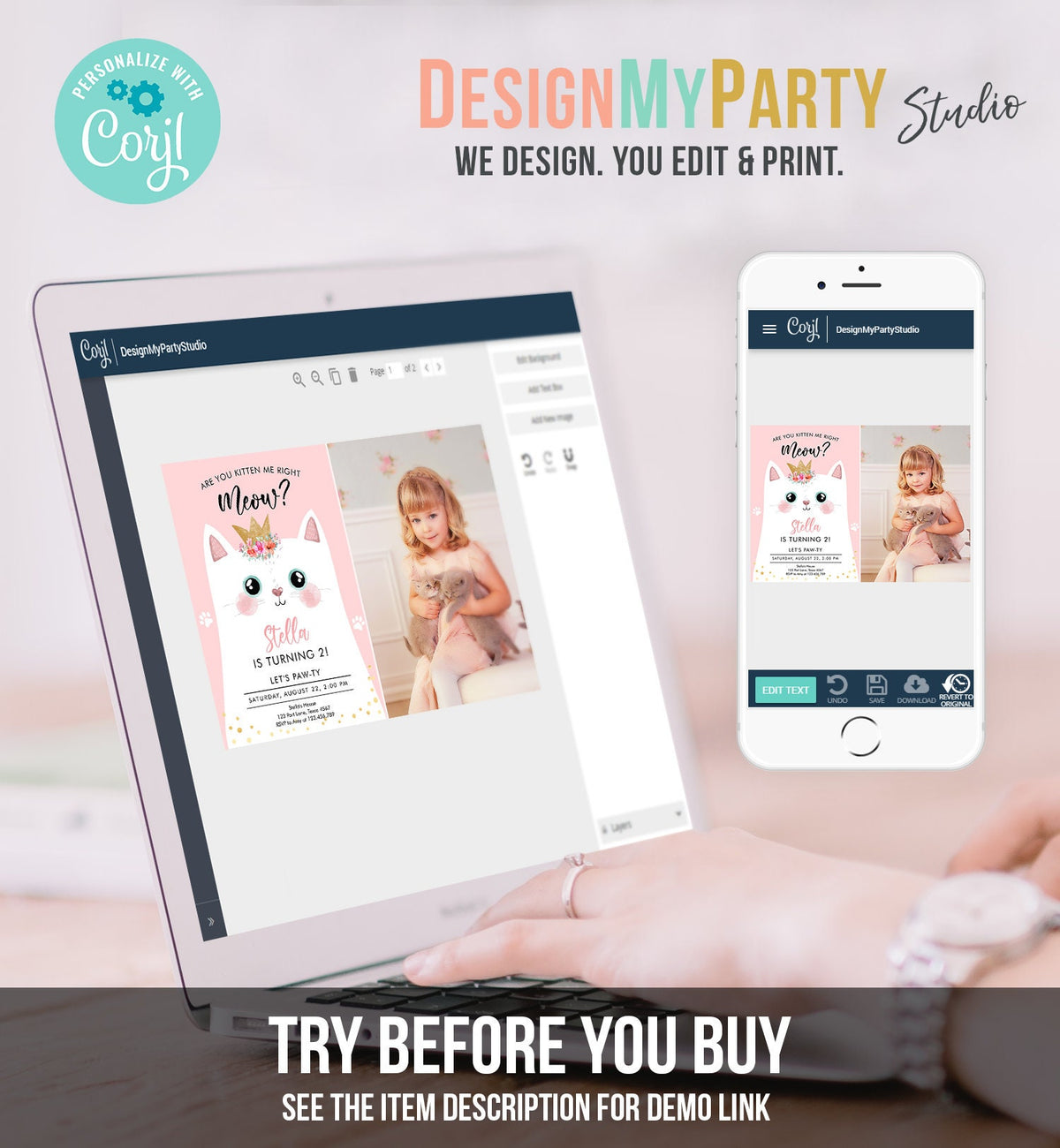 Editable Kitten Birthday Invitation Kitty Cat birthday Party Cat Invite Are You Kitten Me Pink Girl Digital Download Template Printable 0381