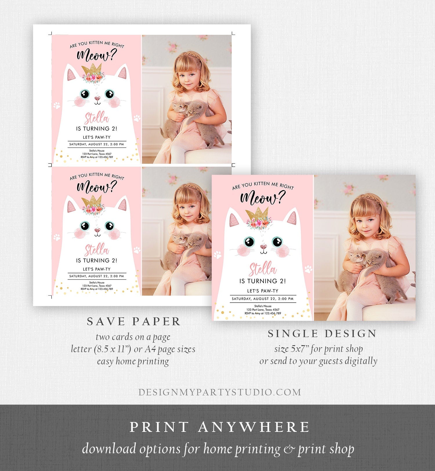 Editable Kitten Birthday Invitation Kitty Cat birthday Party Cat Invite Are You Kitten Me Pink Girl Digital Download Template Printable 0381