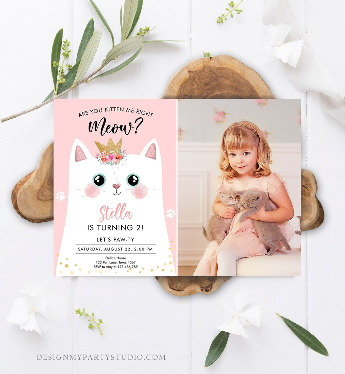 Editable Kitten Birthday Invitation Kitty Cat birthday Party Cat Invite Are You Kitten Me Pink Girl Digital Download Template Printable 0381