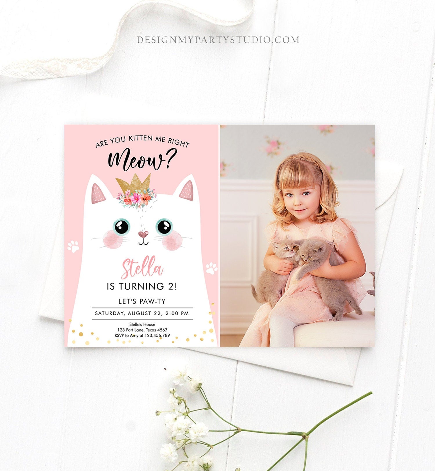 Editable Kitten Birthday Invitation Kitty Cat birthday Party Cat Invite Are You Kitten Me Pink Girl Digital Download Template Printable 0381