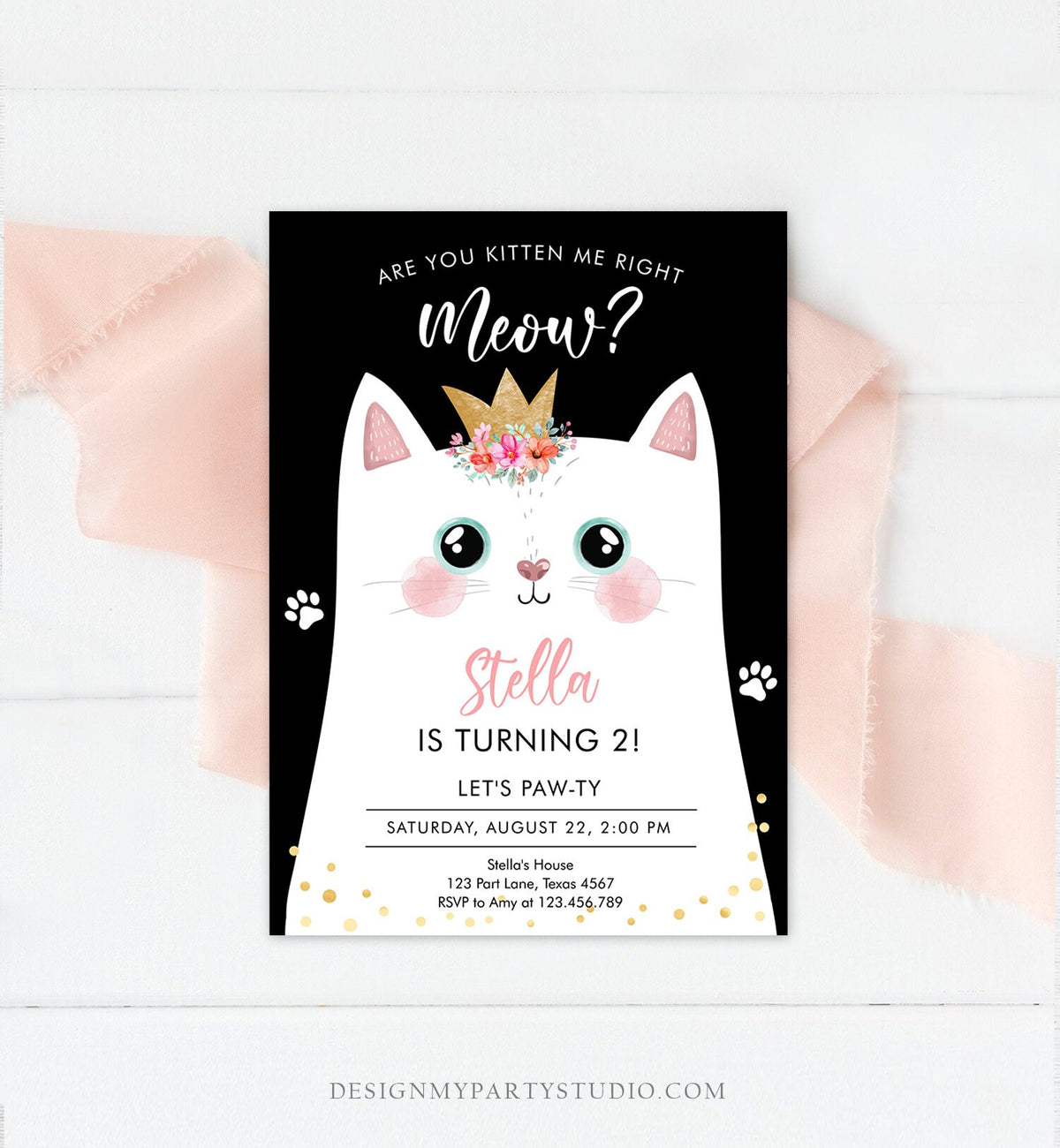 Editable Kitten Birthday Invitation Kitty Cat birthday Party Cat Invite Are You Kitten Me Black Girl Download Printable Digital Corjl 0381