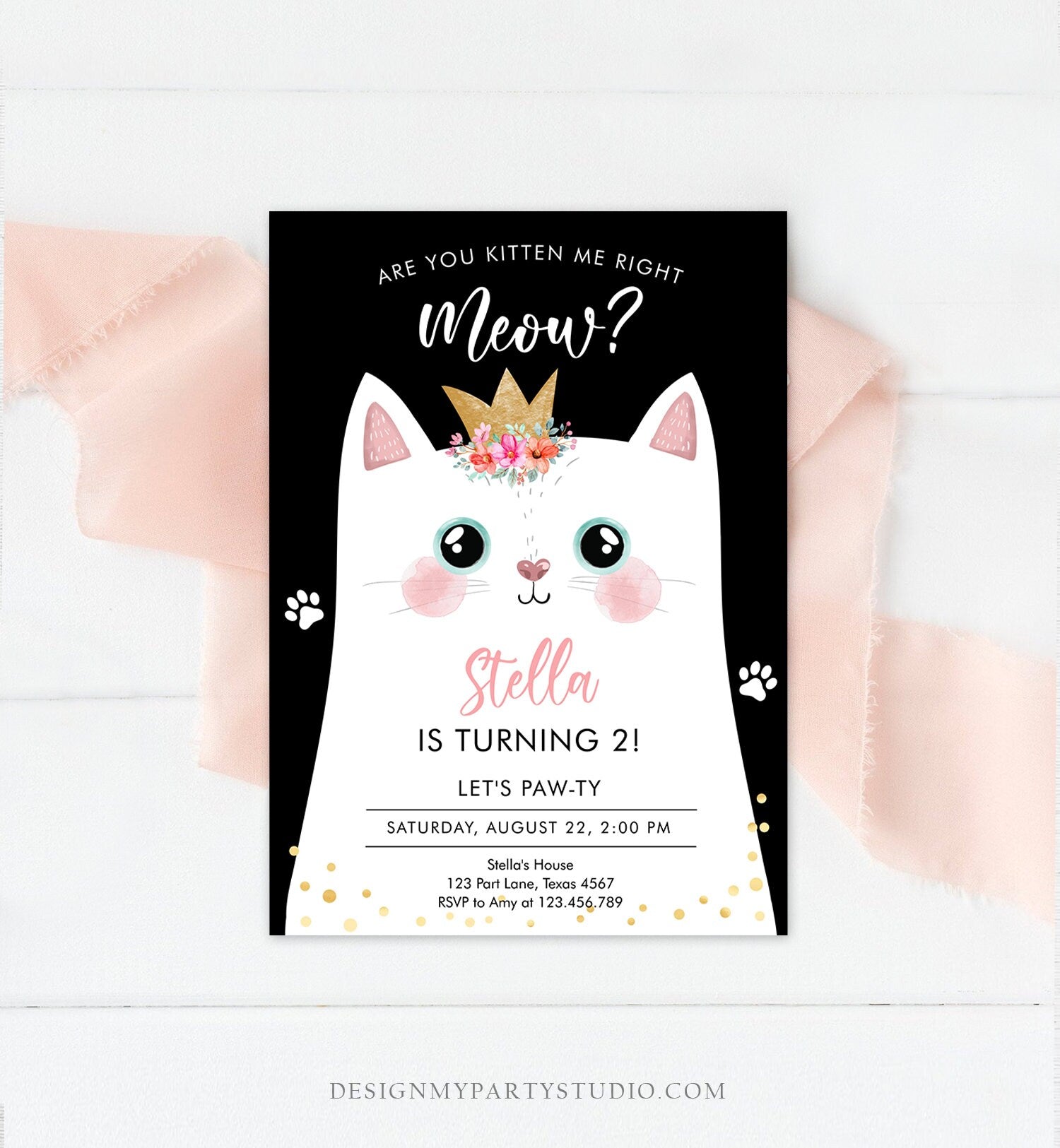 Editable Kitten Birthday Invitation Kitty Cat birthday Party Cat Invite Are You Kitten Me Black Girl Download Printable Digital Corjl 0381