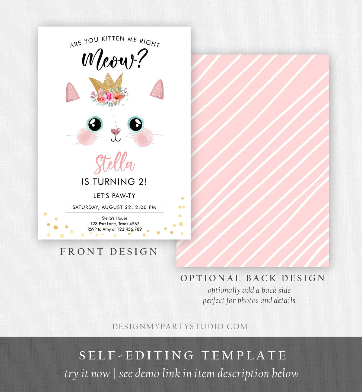 Editable Kitten Birthday Invitation Kitty Cat birthday Party Cat Invite Are You Kitten Me Pink Girl Download Printable Digital Evite 0381
