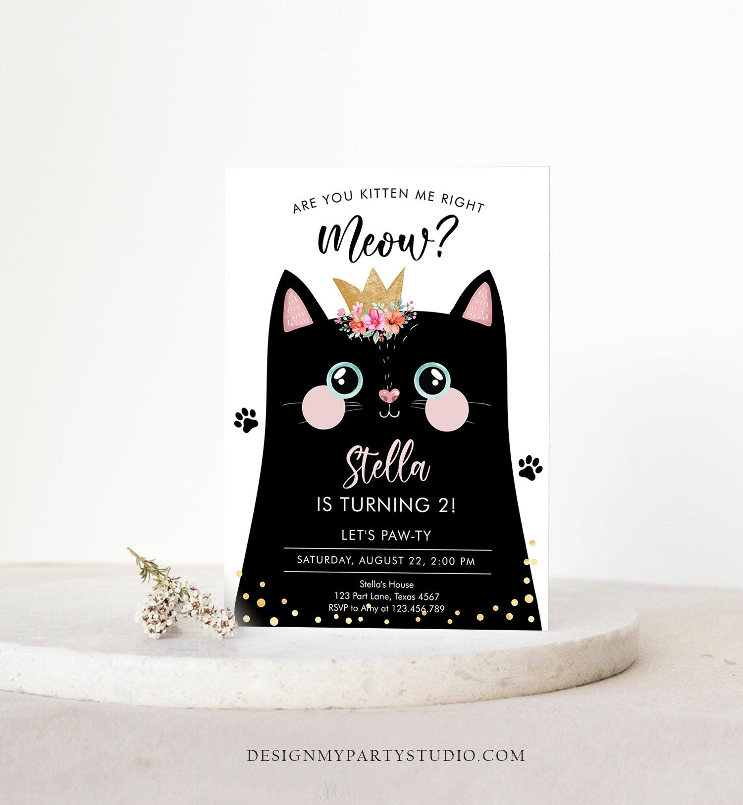 Editable Kitten Birthday Invitation Kitty Cat birthday Party Cat Invite Are You Kitten Me Black Girl Download Printable Digital Corjl 0381