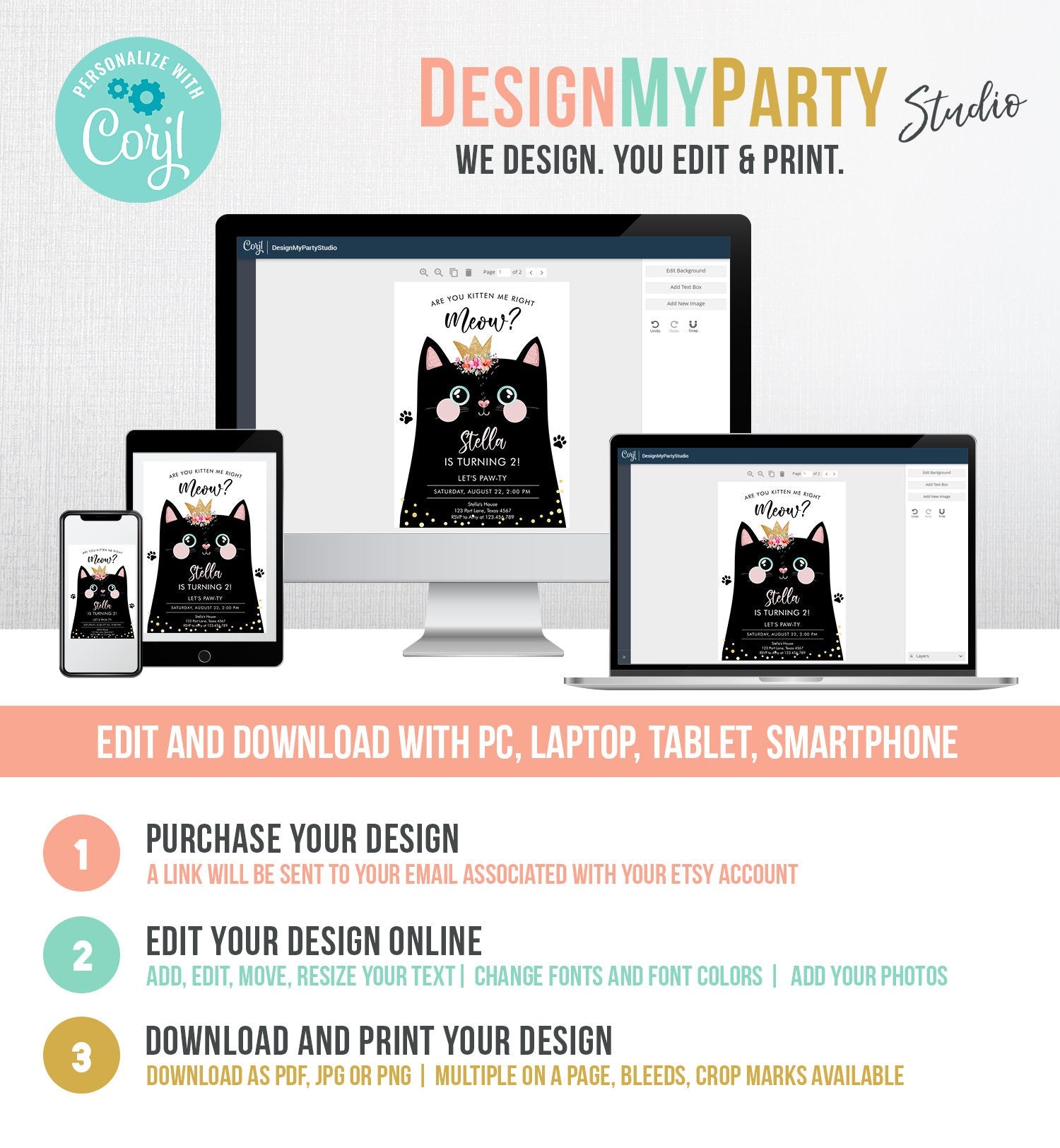 Editable Kitten Birthday Invitation Kitty Cat birthday Party Cat Invite Are You Kitten Me Black Girl Download Printable Digital Corjl 0381