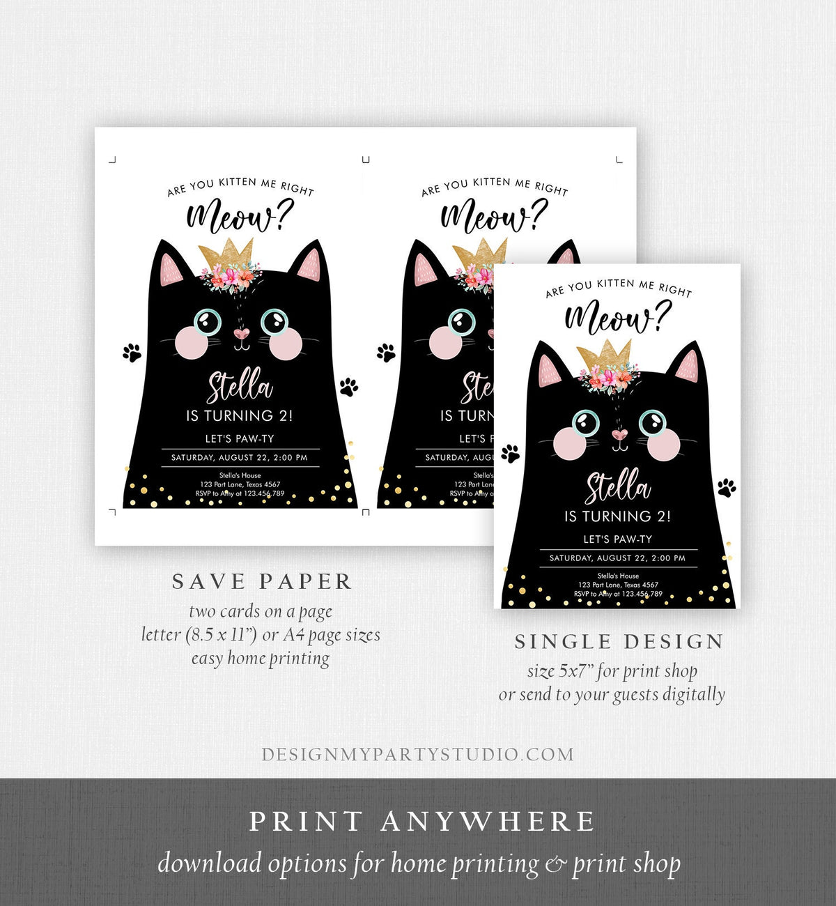 Editable Kitten Birthday Invitation Kitty Cat birthday Party Cat Invite Are You Kitten Me Black Girl Download Printable Digital Corjl 0381