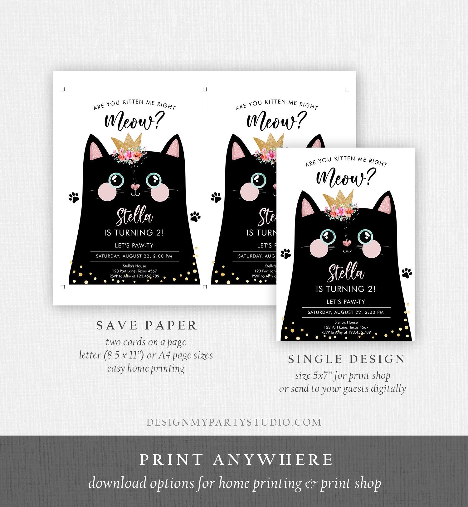 Editable Kitten Birthday Invitation Kitty Cat birthday Party Cat Invite Are You Kitten Me Black Girl Download Printable Digital Corjl 0381