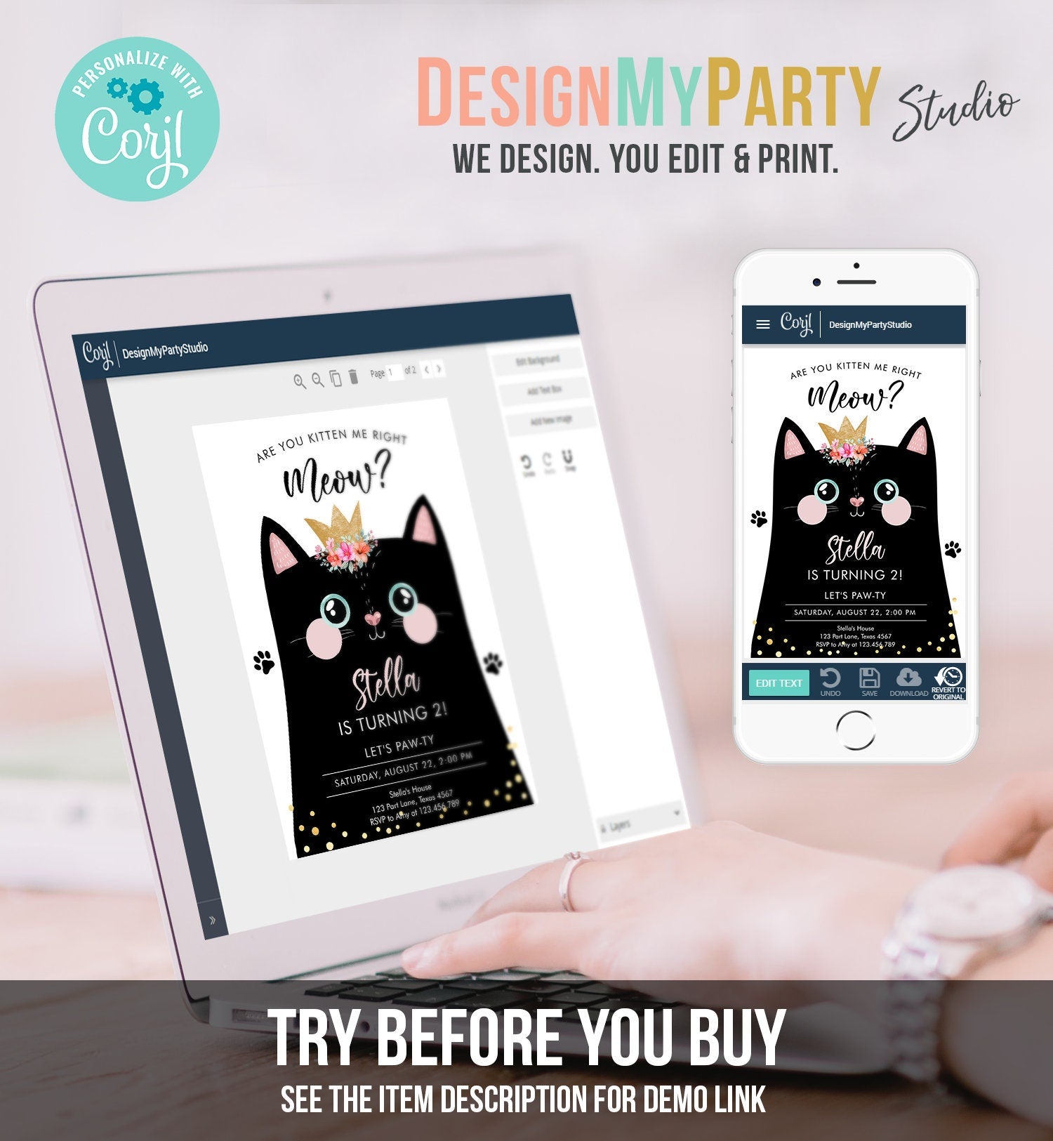Editable Kitten Birthday Invitation Kitty Cat birthday Party Cat Invite Are You Kitten Me Black Girl Download Printable Digital Corjl 0381