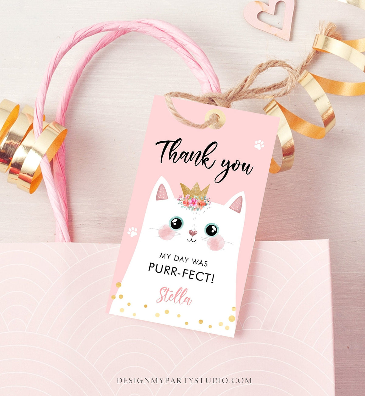 Editable Kitten Birthday Favor Tags Kitty Birthday Thank you Label Cat Party Gift Tags Girl Pink Purrfect Digital Template PRINTABLE 0381