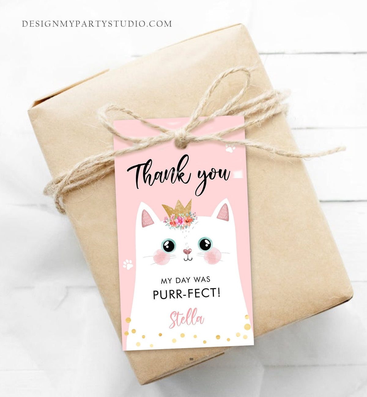 Editable Kitten Birthday Favor Tags Kitty Birthday Thank you Label Cat Party Gift Tags Girl Pink Purrfect Digital Template PRINTABLE 0381