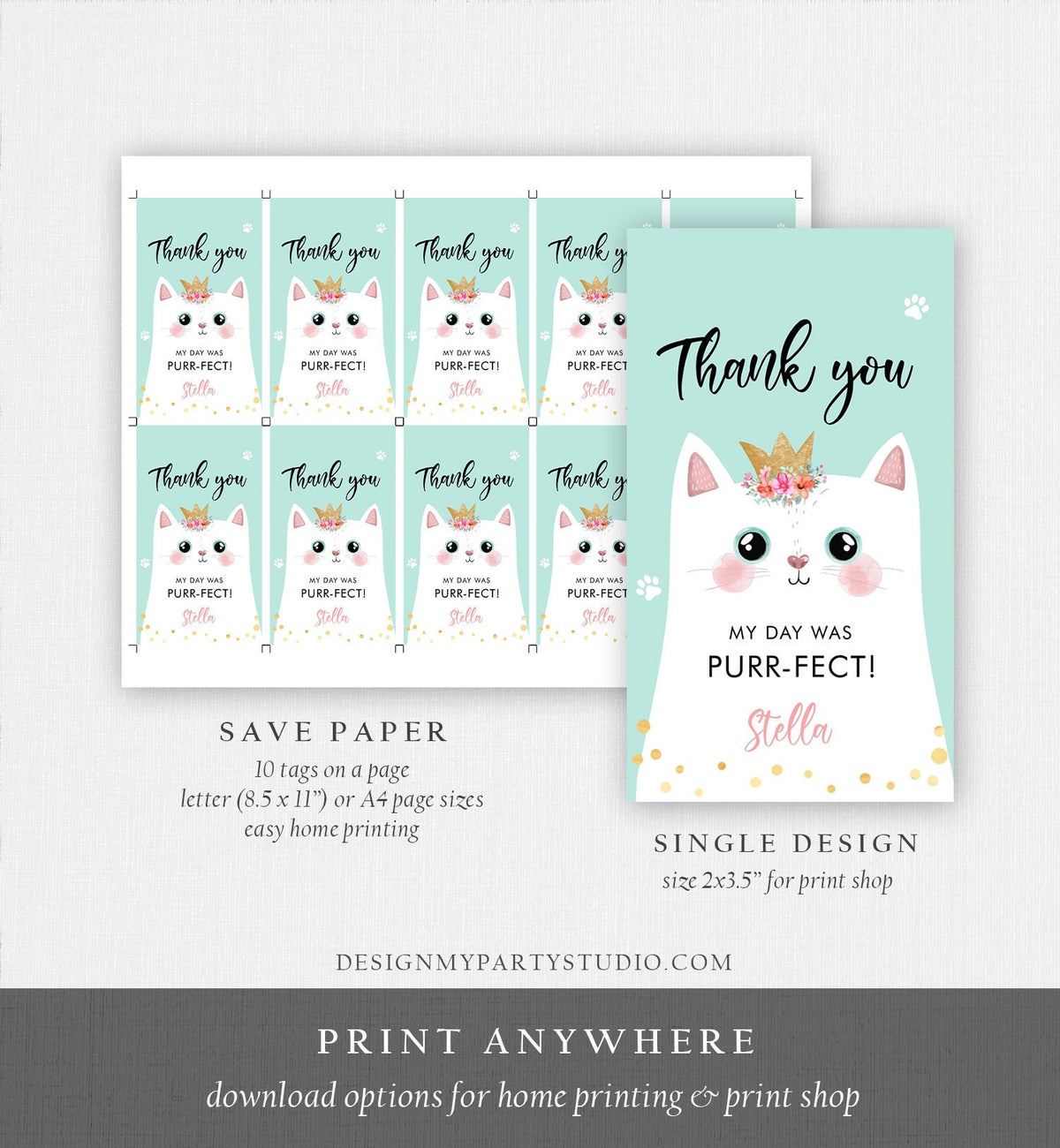 Editable Kitten Birthday Favor Tags Kitty Birthday Thank You Label Cat Party Gift Girl Purrfect Digital Download Template Printable 0381