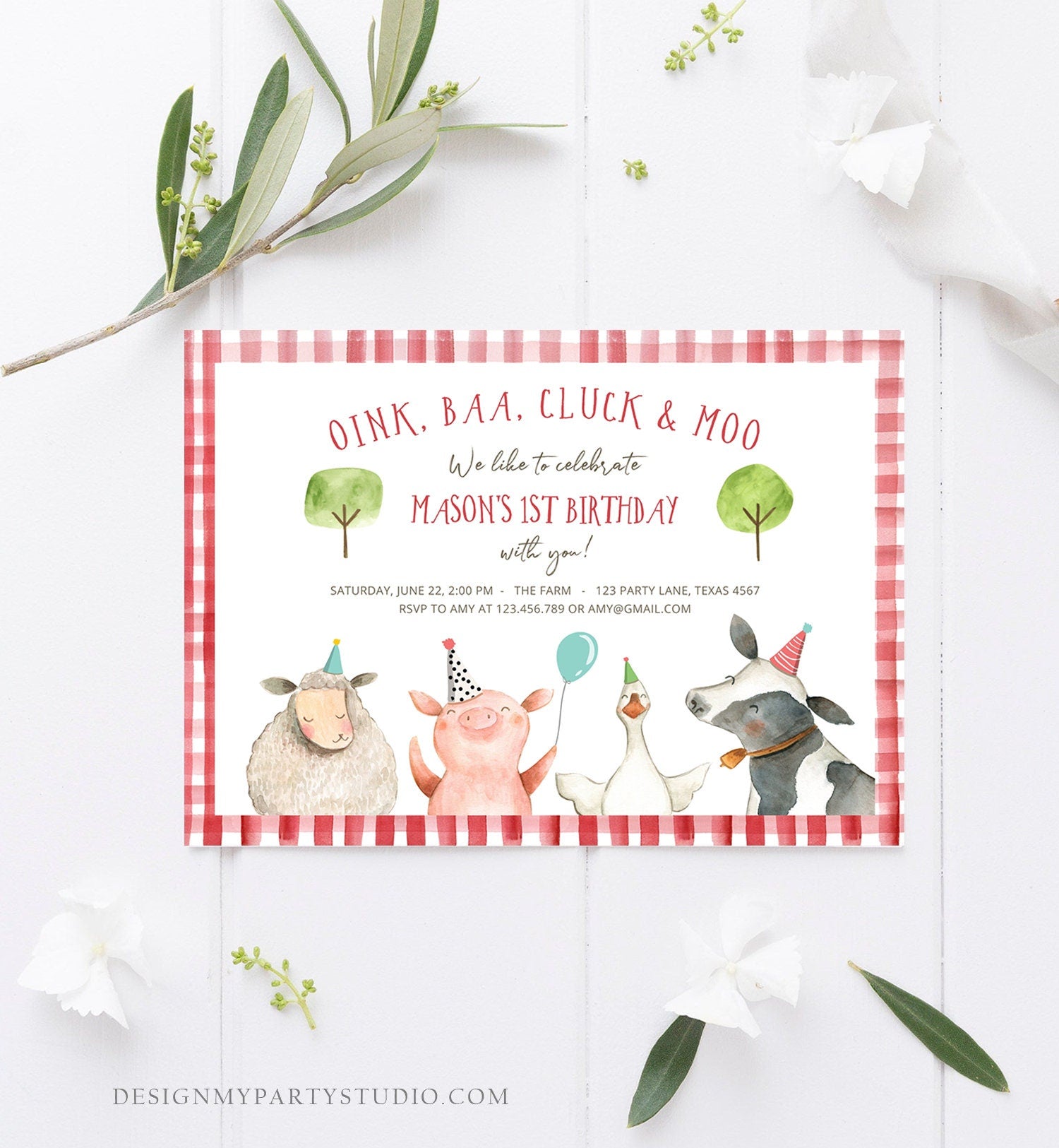 Editable Farm Animals Birthday Invitation Boy Red Barn Barnyard Party Animals Cow Sheep Pig Digital Download Evite Template Printable 0155