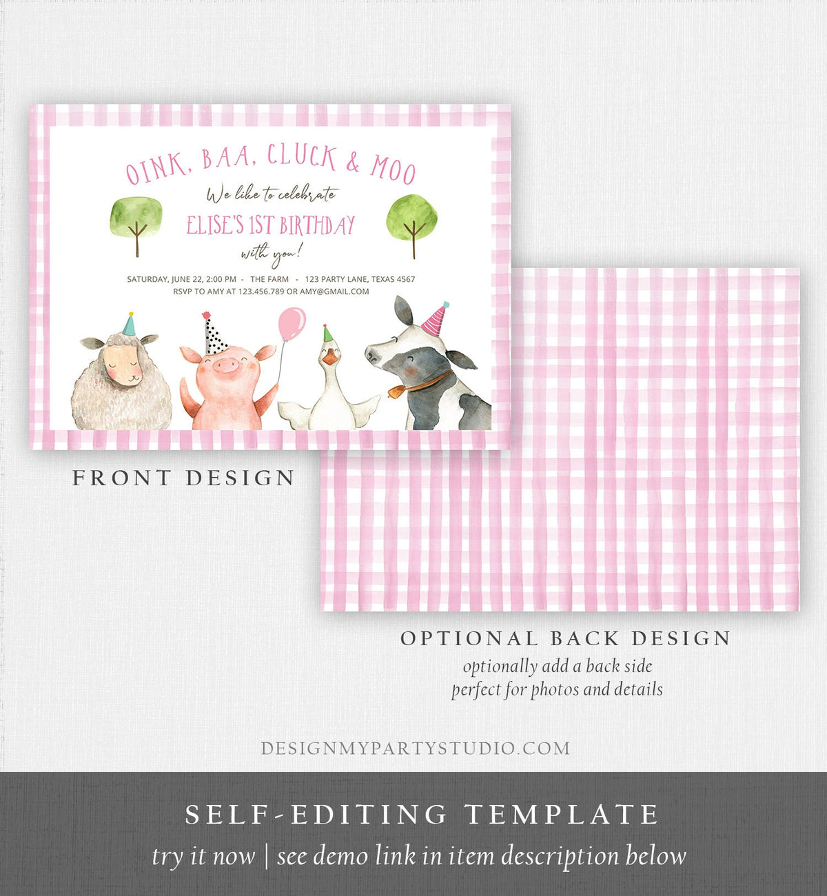 Editable Farm Birthday Invitation Girl Farm Animals Pink Floral Barnyard Party Download Printable Invitation Template Digital Corjl 0155