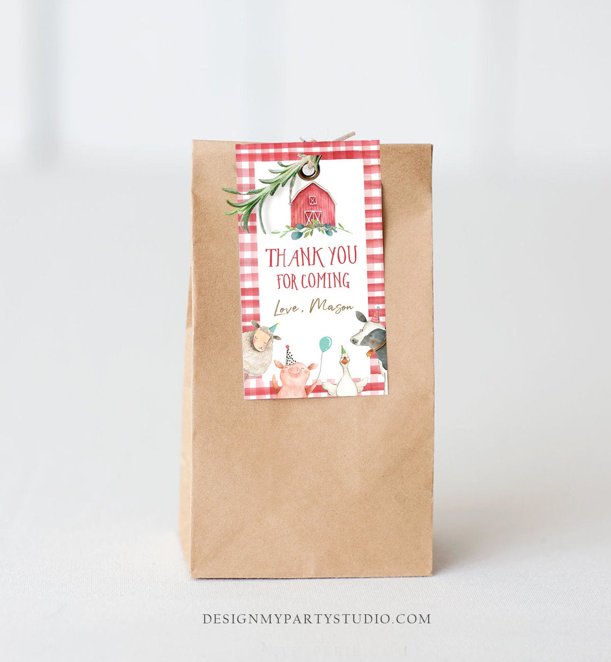 Editable Farm Animals Favor Tag Boy Farm Birthday Thank You Tag Red Barn Gingham Gift Tag Digital Download Template Printable 0155