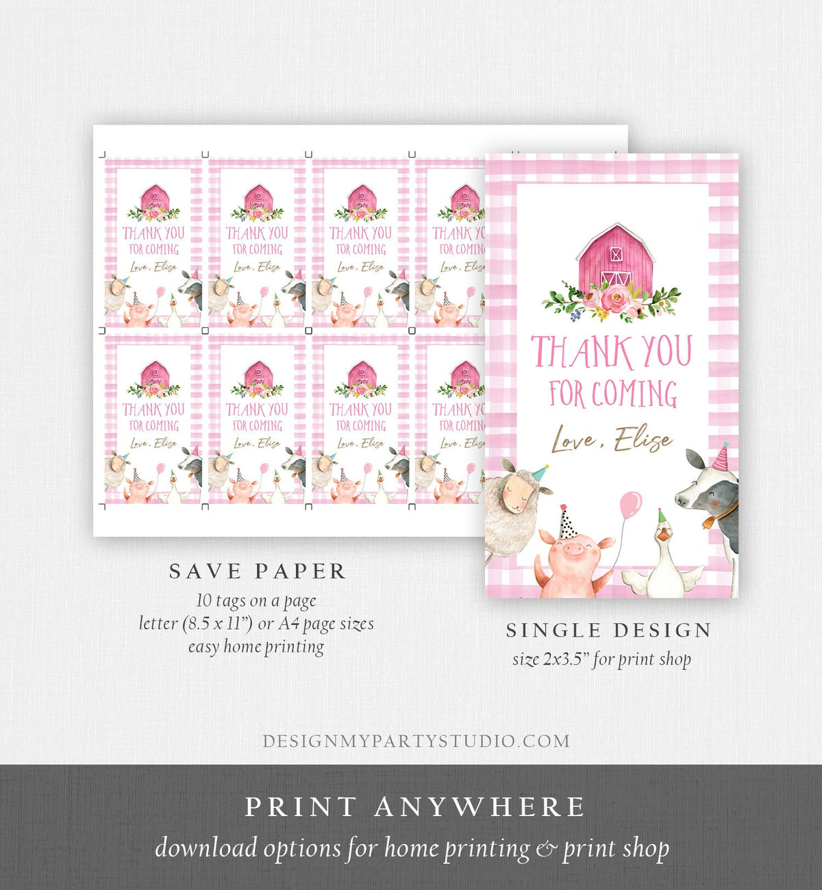 Editable Farm Favor Tags Tags Pink Farm Birthday Thank you tags Barnyard Gift Tag Girl Birthday Old McDonald Digital Template Printable 0155