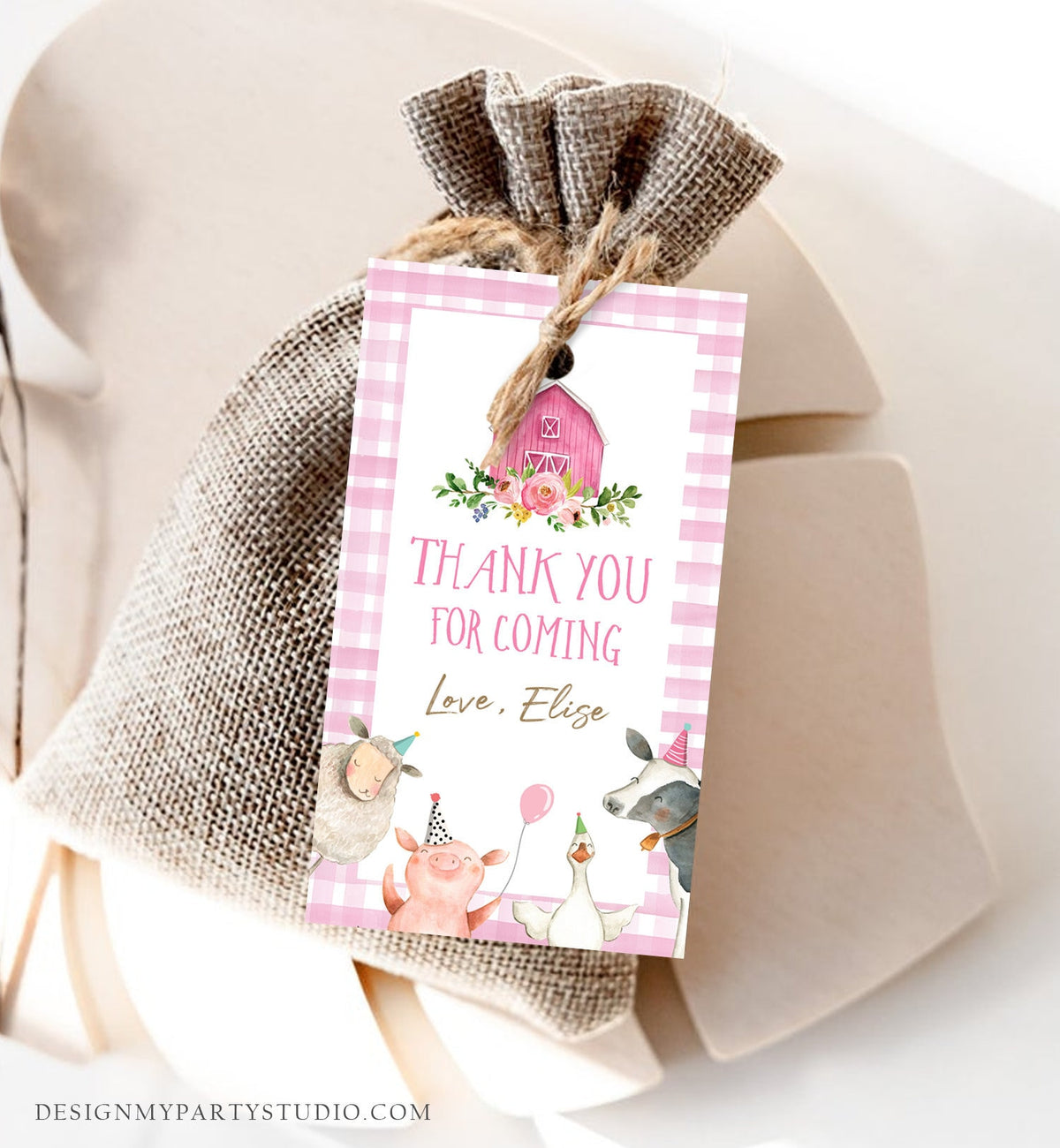 Editable Farm Favor Tags Tags Pink Farm Birthday Thank you tags Barnyard Gift Tag Girl Birthday Old McDonald Digital Template Printable 0155