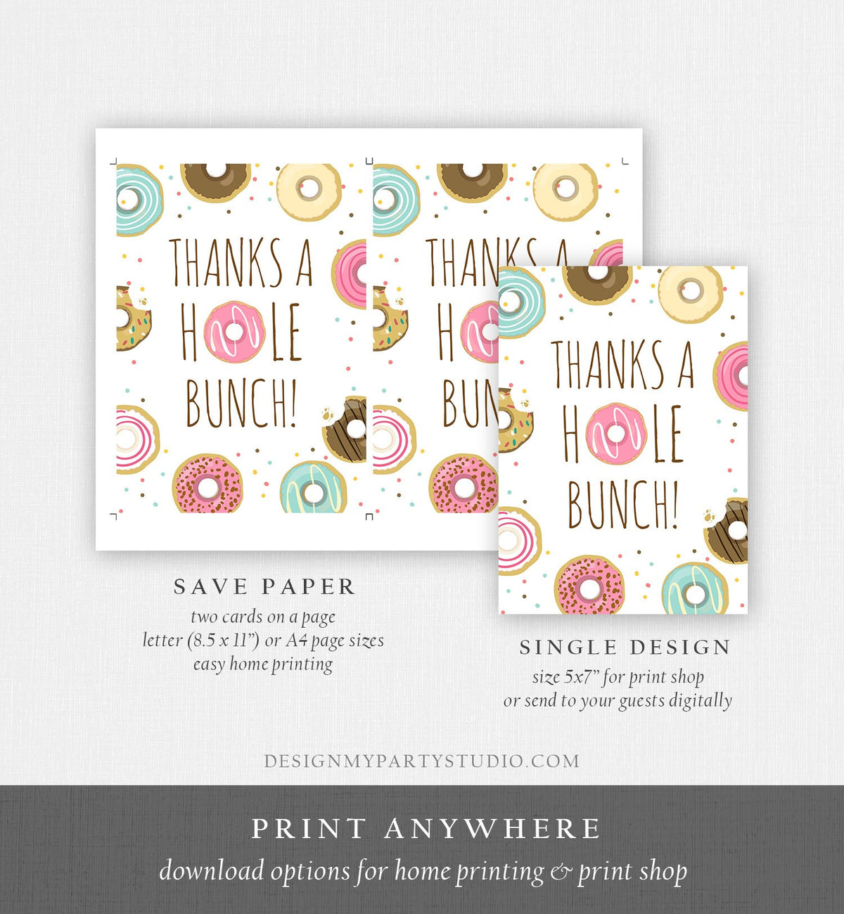 Editable Donut Thank You Card Note Pink Girl Birthday Party Doughnut Thank You Photo Sweet First Birthday 1st Corjl Template Printable 0050