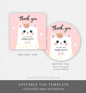 Editable Kitten Party Favor Tags Kitty Birthday Thank you Tags Round Cat Party Gift tags Girl Pink Purr-fect Template Corjl PRINTABLE 0381