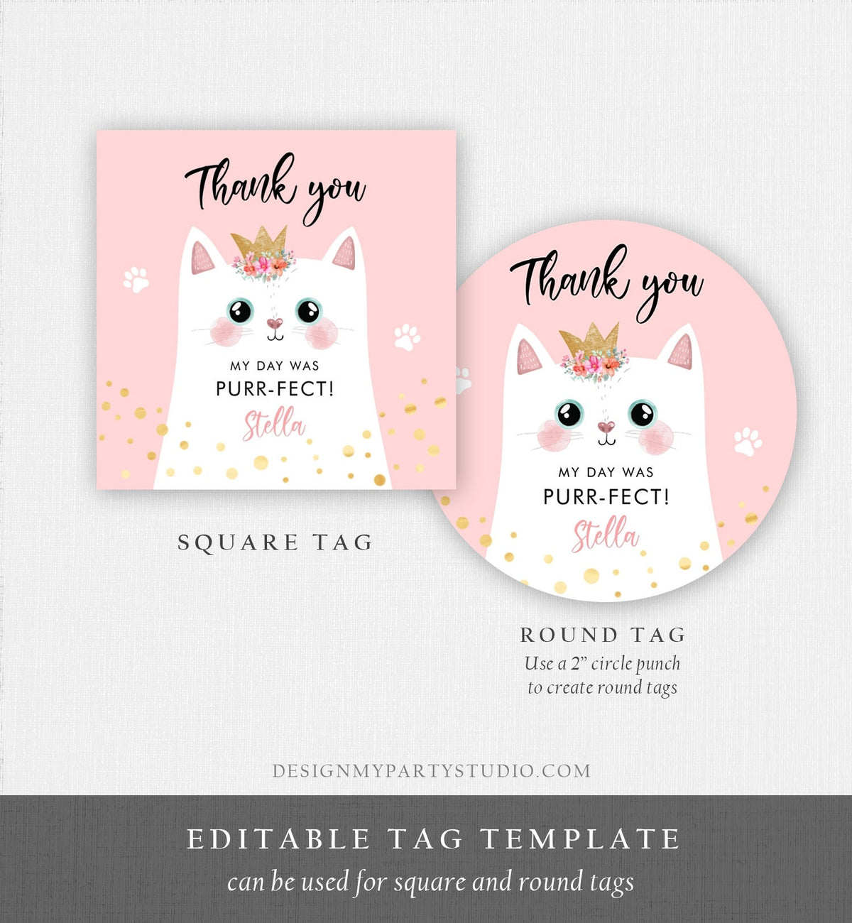 Editable Kitten Party Favor Tags Kitty Birthday Thank you Tags Round Cat Party Gift tags Girl Pink Purr-fect Digital Template Printable 0381