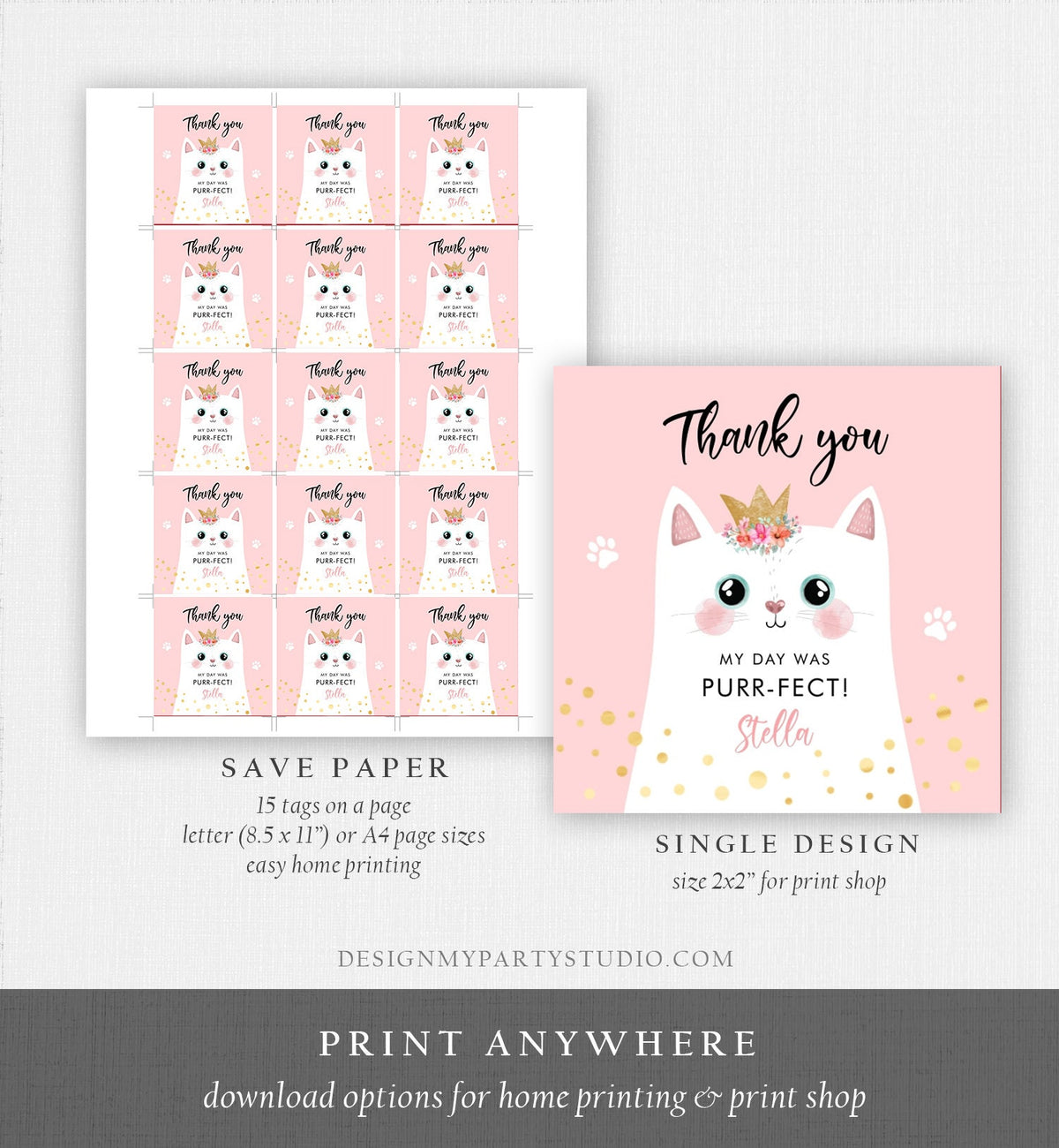 Editable Kitten Party Favor Tags Kitty Birthday Thank you Tags Round Cat Party Gift tags Girl Pink Purr-fect Digital Template Printable 0381