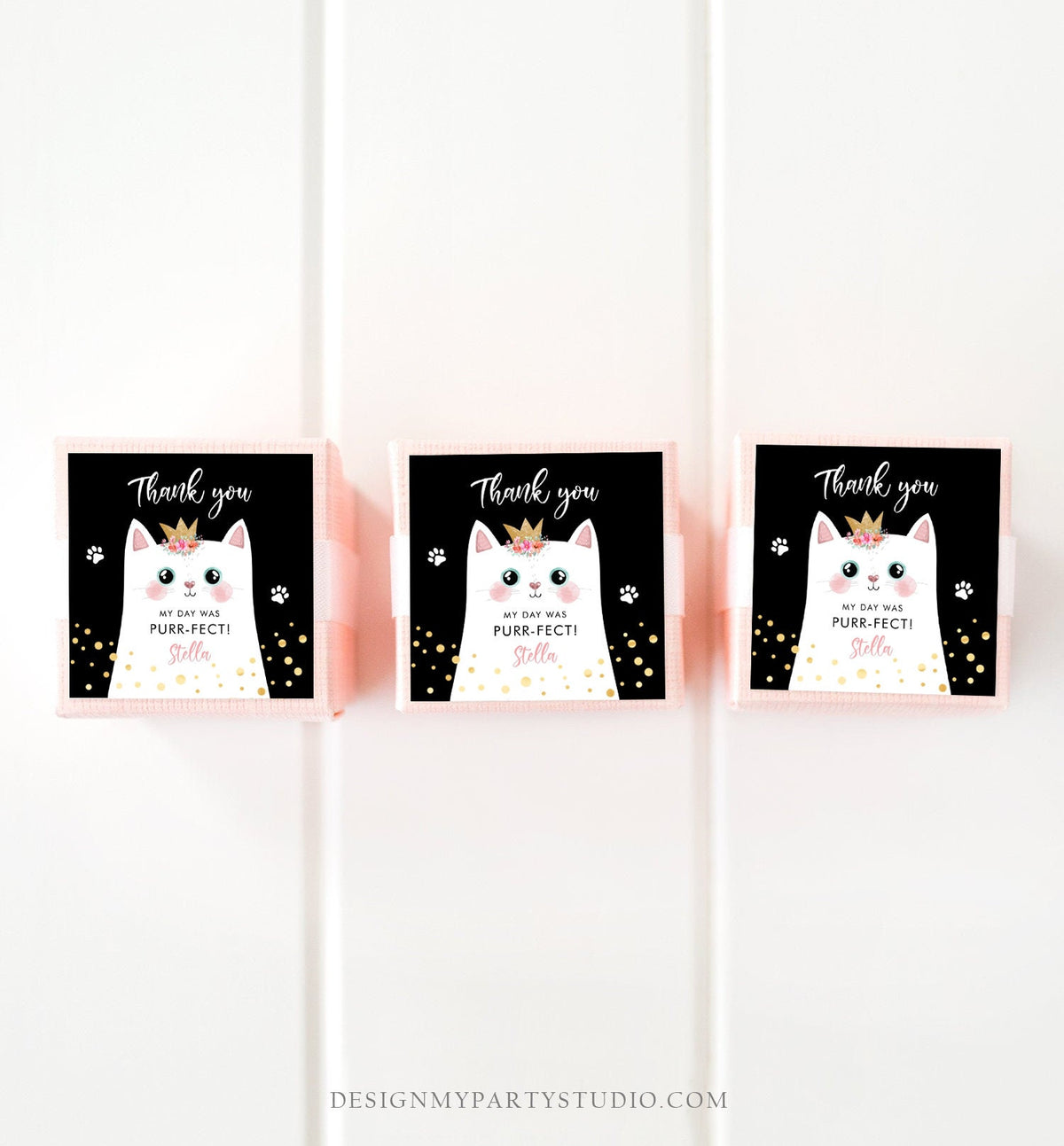 Editable Kitten Party Favor Tags Kitty Birthday Thank you Tags Round Cat Party Gift tags Girl Black Purrfect Template Corjl PRINTABLE 0381
