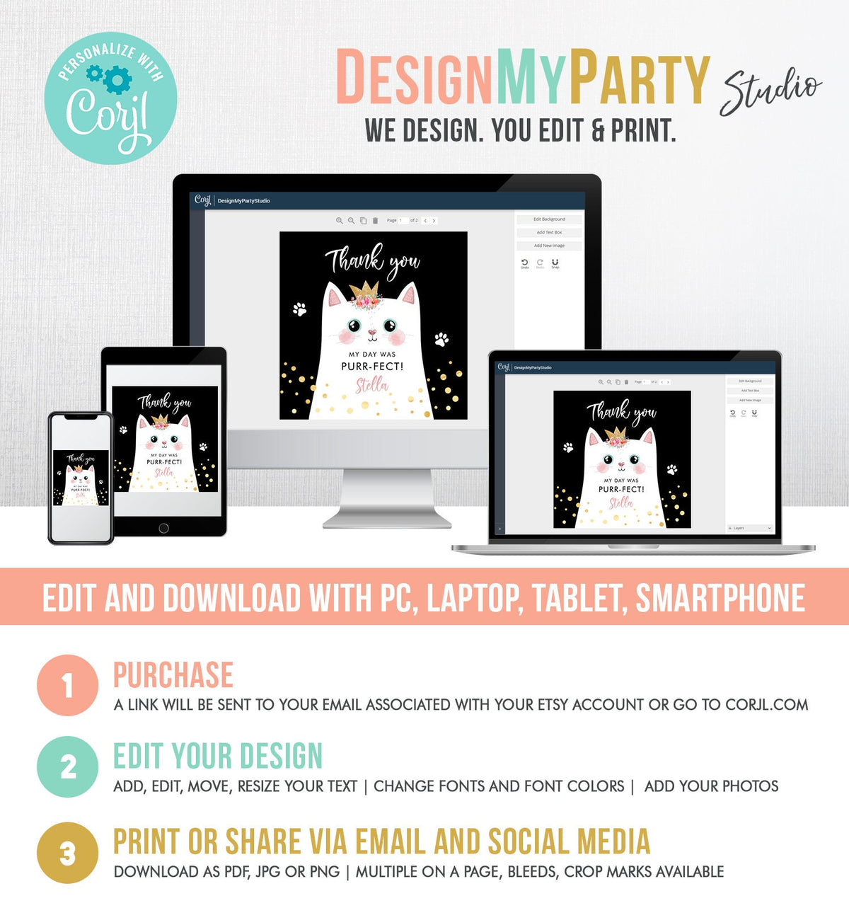 Editable Kitten Party Favor Tags Kitty Birthday Thank you Tags Round Cat Party Gift tags Girl Black Purrfect Template Corjl PRINTABLE 0381