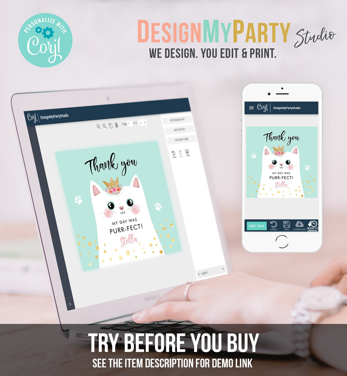 Editable Kitten Party Favor Tags Kitty Birthday Thank you Tags Round Cat Party Gift tags Girl Pink Purr-fect Template Corjl PRINTABLE 0381