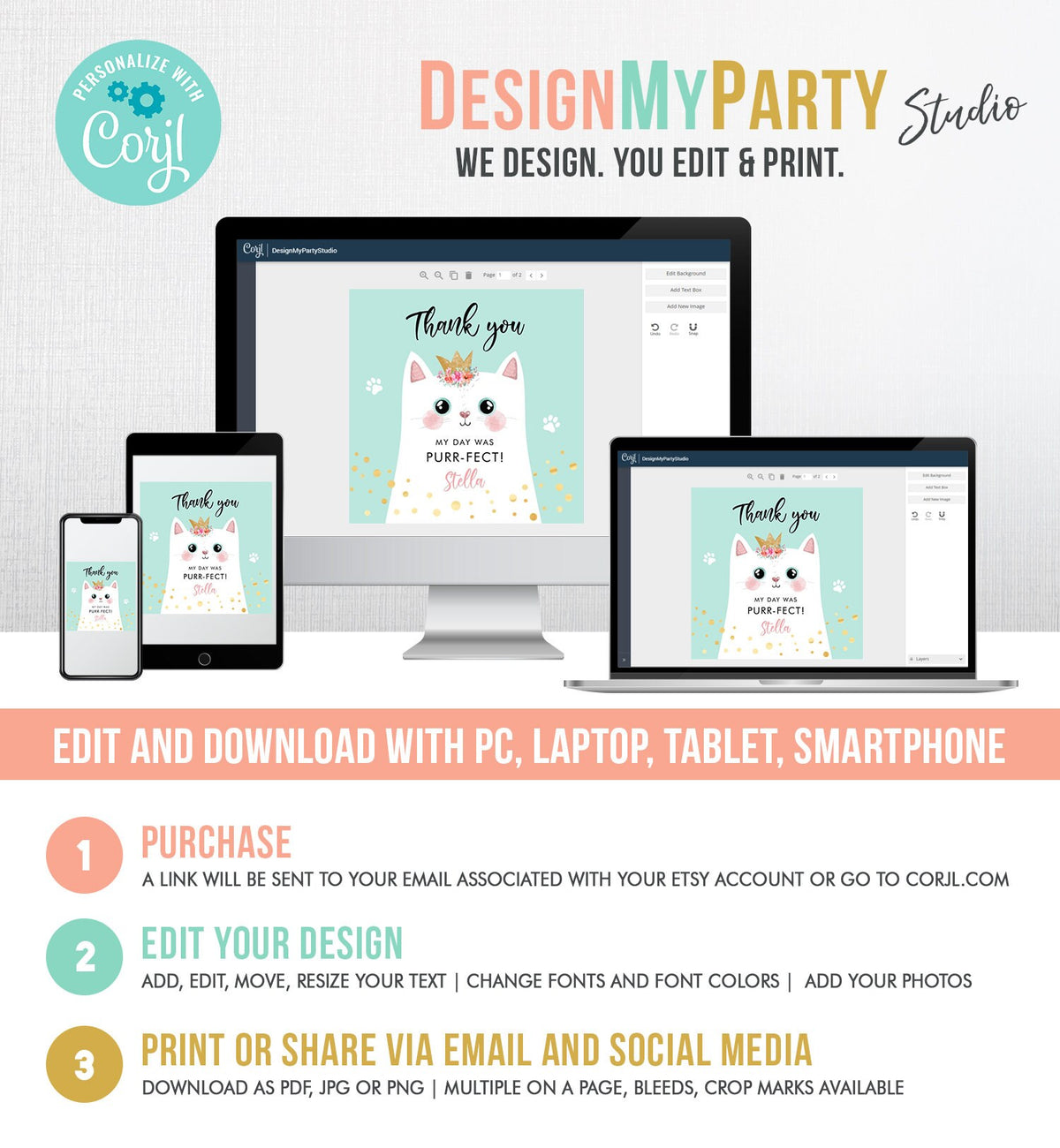 Editable Kitten Party Favor Tags Kitty Birthday Thank you Tags Round Cat Party Gift tags Girl Pink Purr-fect Template Corjl PRINTABLE 0381