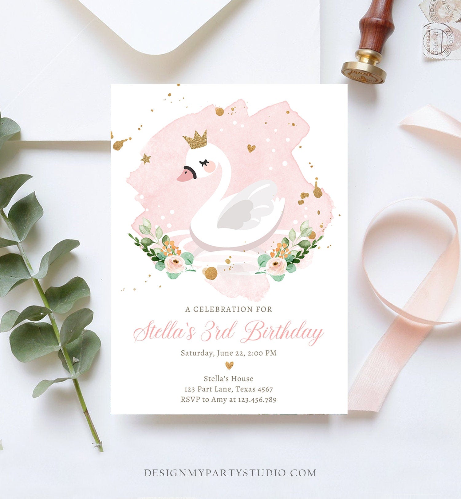 Editable Swan Birthday Invitation Girl Swan Princess Birthday Invite Pink Gold 1st 2nd 3rd Digital Download Evite Template Printable 0382