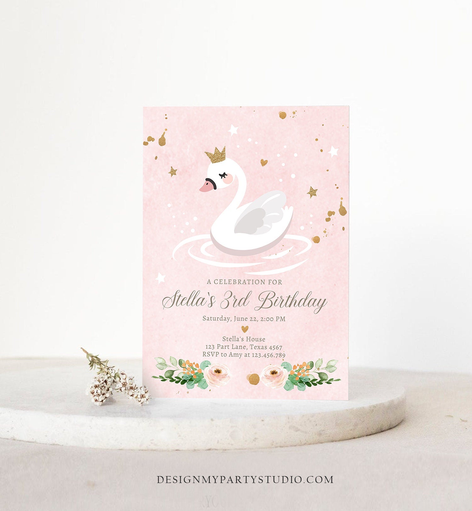 Editable Swan Birthday Invitation Girl Swan Princess Birthday Invite Pink Gold 1st 2nd 3rd Download Printable Template Digital Evite 0382