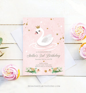 Editable Swan Birthday Invitation Girl Swan Princess Birthday Invite Pink Gold 1st 2nd 3rd Download Printable Template Digital Corjl 0382